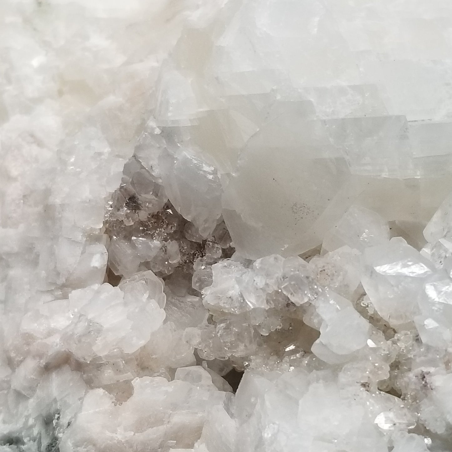 #11040 White Combined form Calcite on large white Calcite block with Chalcopyrite, on matrix