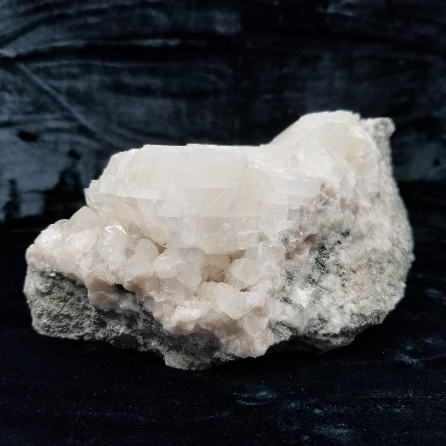 #11040 White Combined form Calcite on large white Calcite block with Chalcopyrite, on matrix
