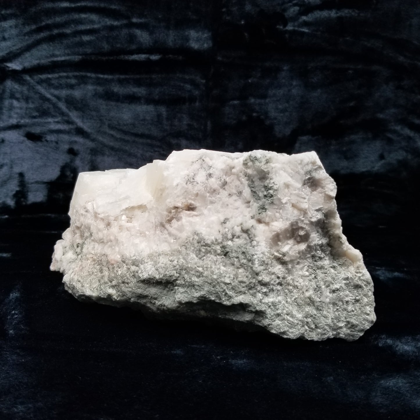 #11040 White Combined form Calcite on large white Calcite block with Chalcopyrite, on matrix