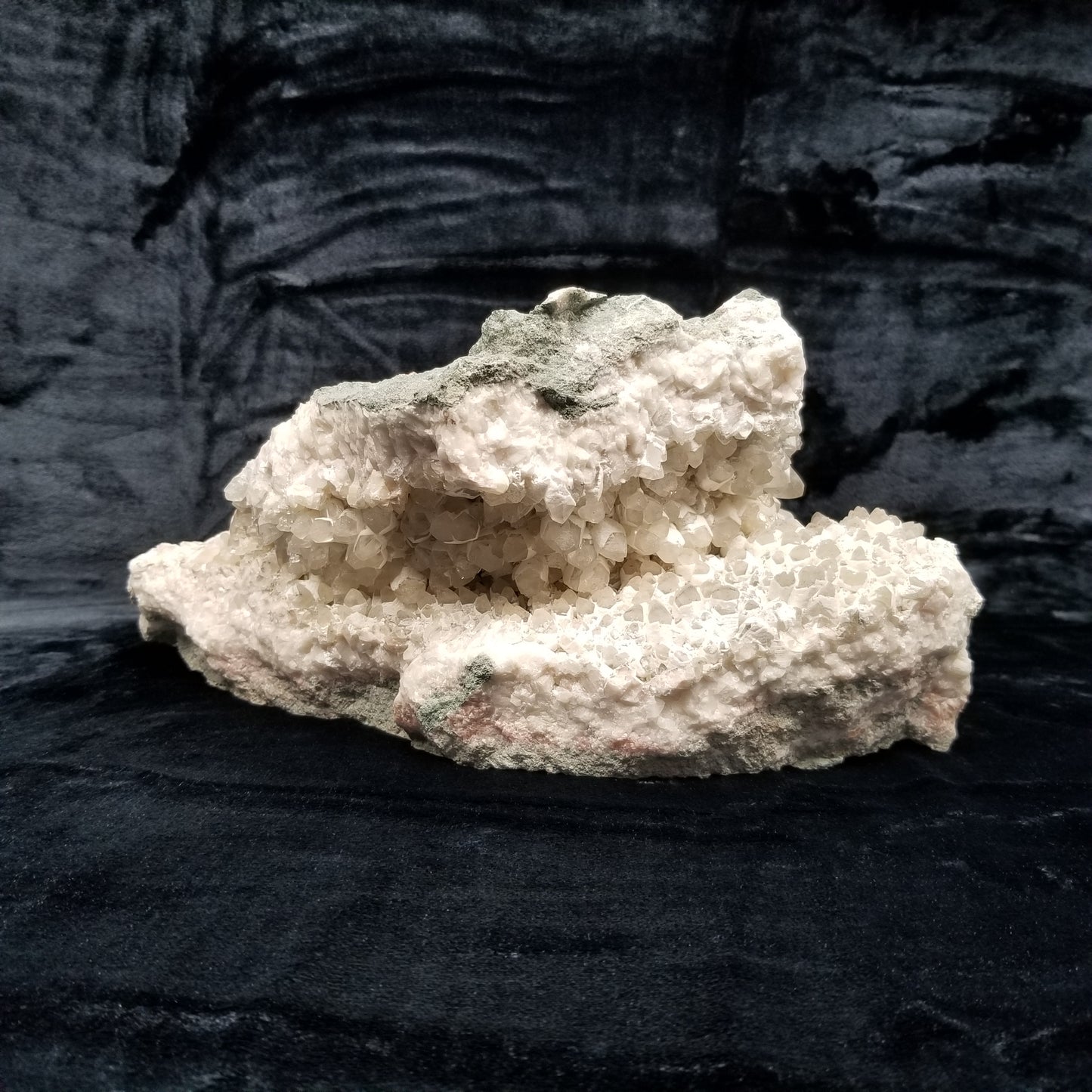 #11050 White Dolomite on big clear Combined form Calcite mouth