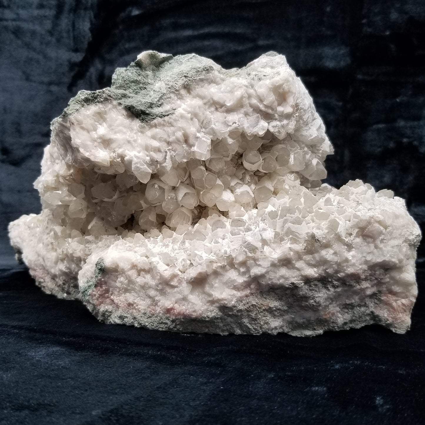 #11050 White Dolomite on big clear Combined form Calcite mouth