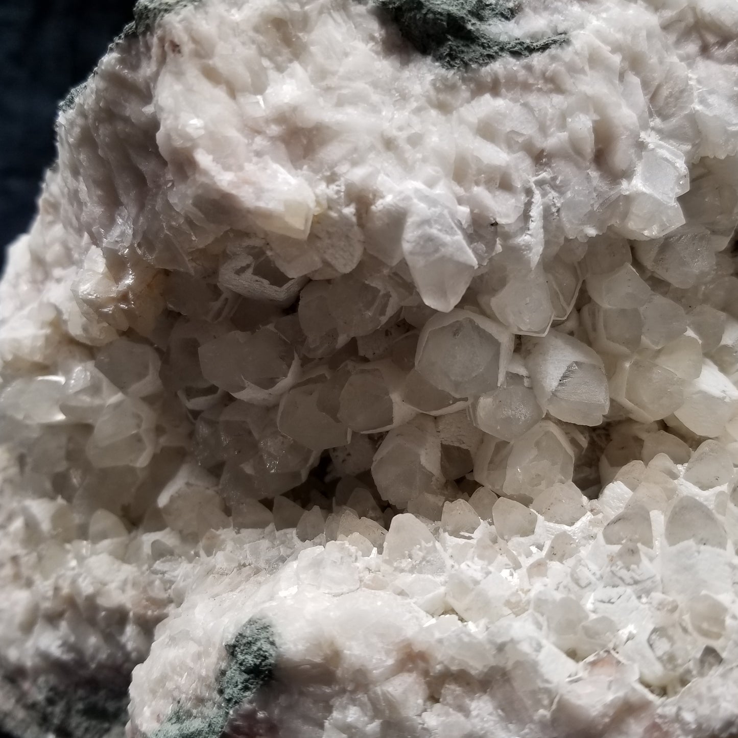 #11050 White Dolomite on big clear Combined form Calcite mouth