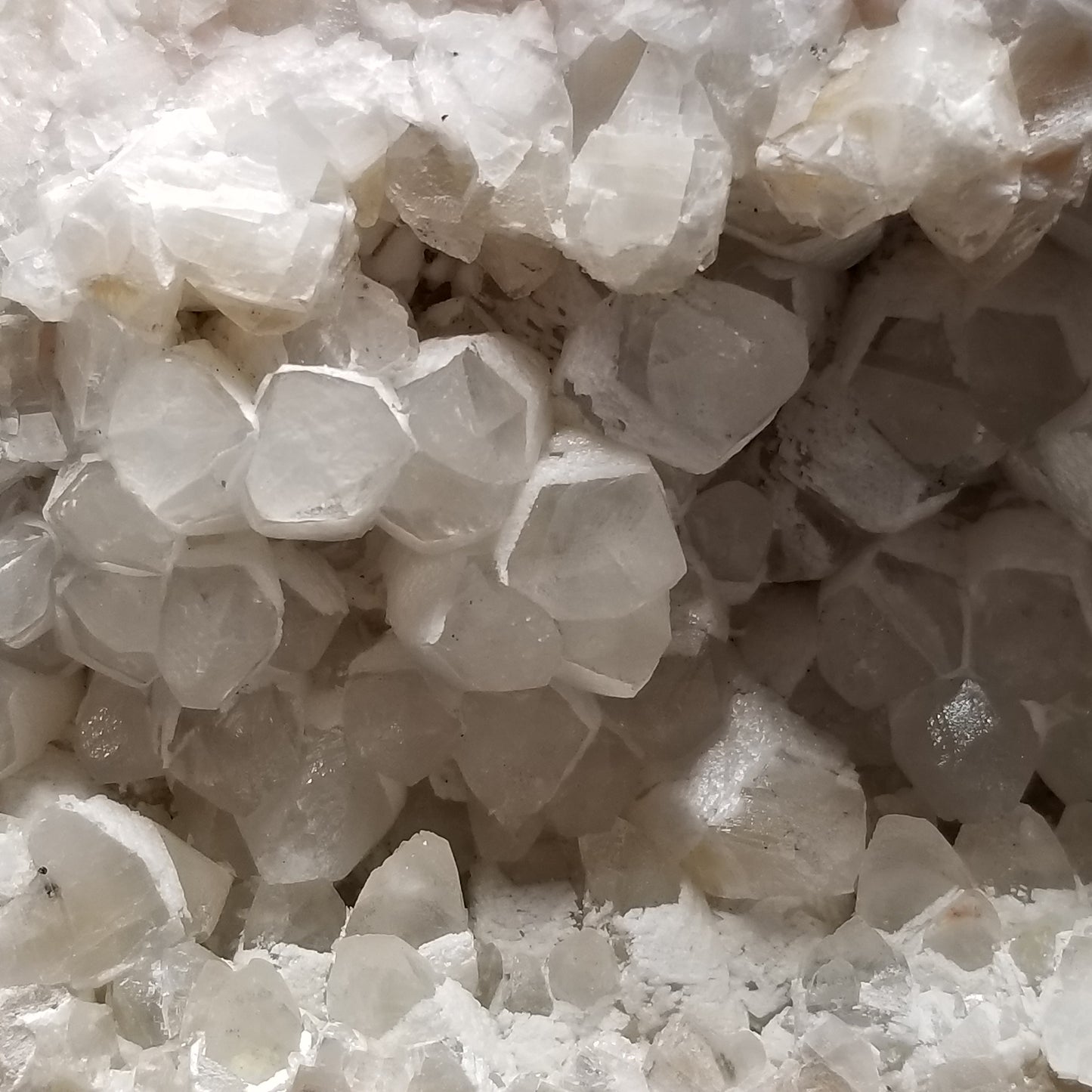 #11050 White Dolomite on big clear Combined form Calcite mouth