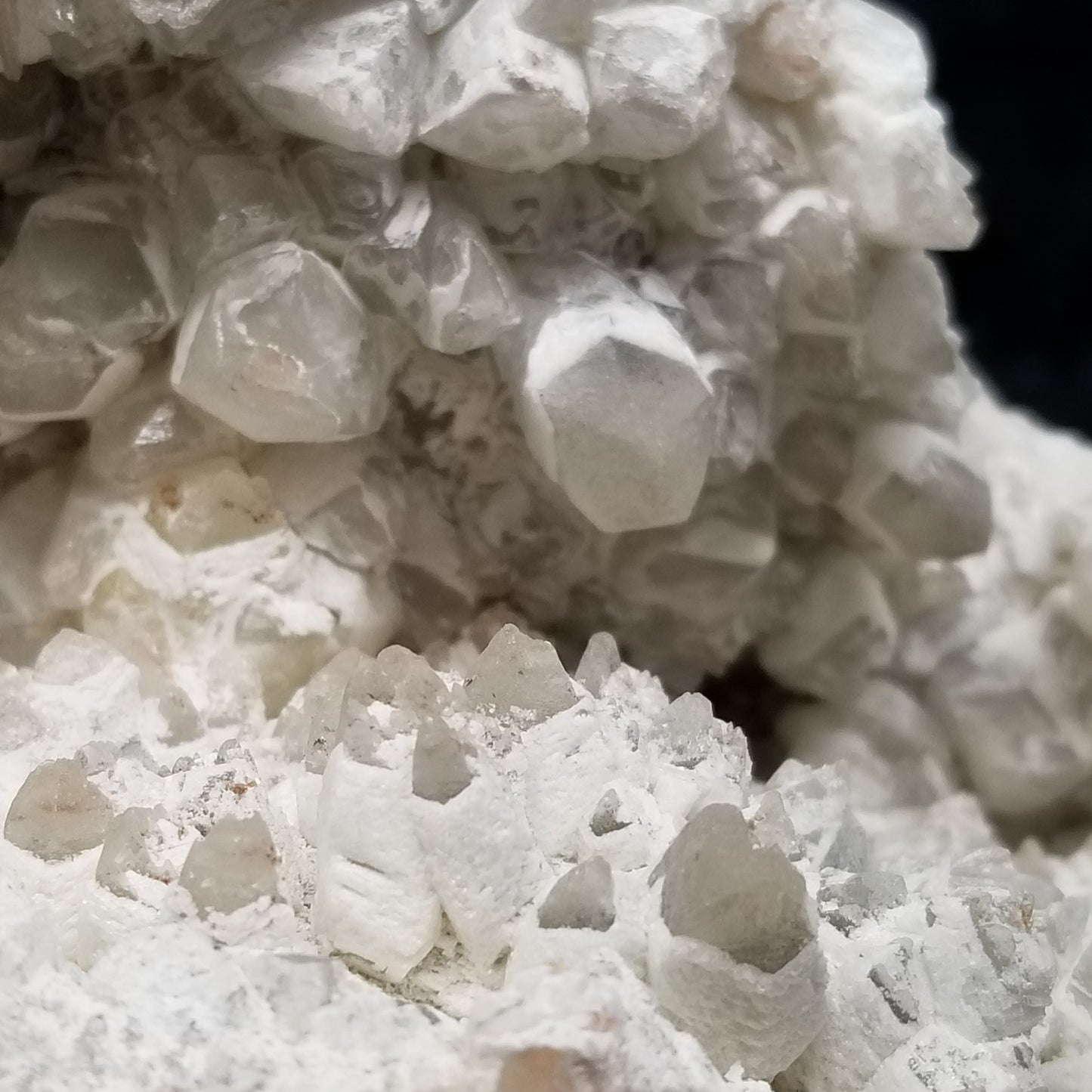 #11050 White Dolomite on big clear Combined form Calcite mouth