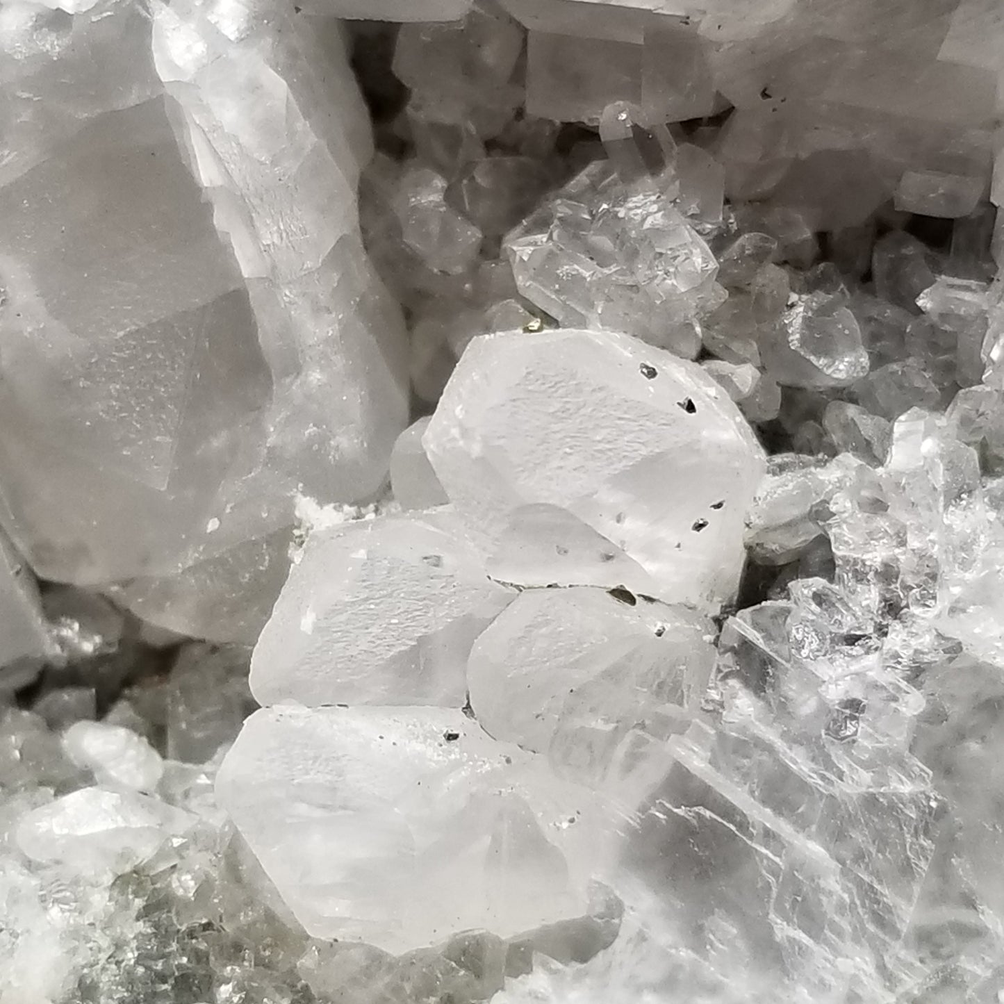 #11070 White Calcite block, Chalcopyrite and Hematite on clear Combined form Calcite with Dogtooth Spar Calcite and small Spirit Quartz