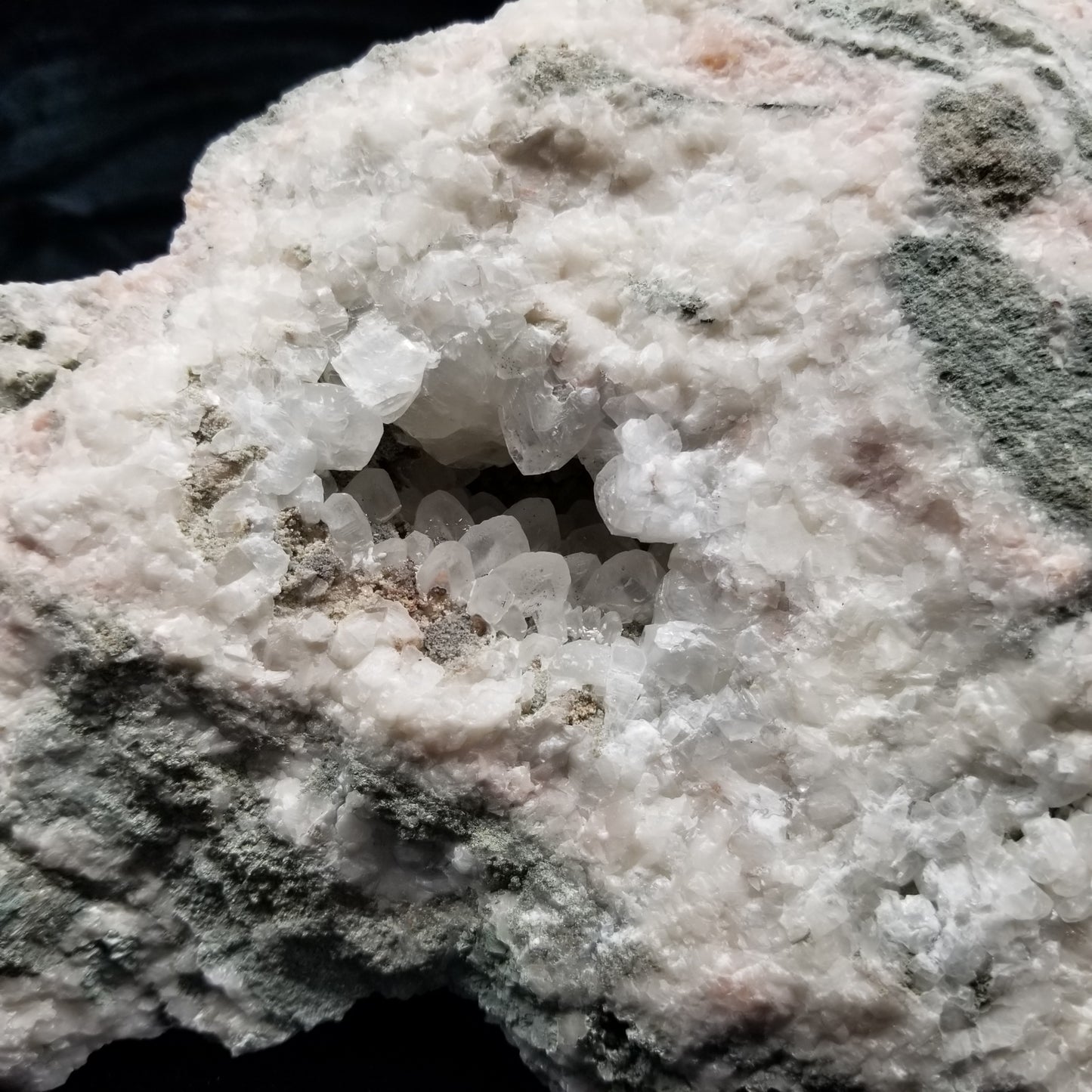 #11076 Clear Combined form Calcite phantom with Chalcopyrite inclusions with Dogtooth Spar Calcite