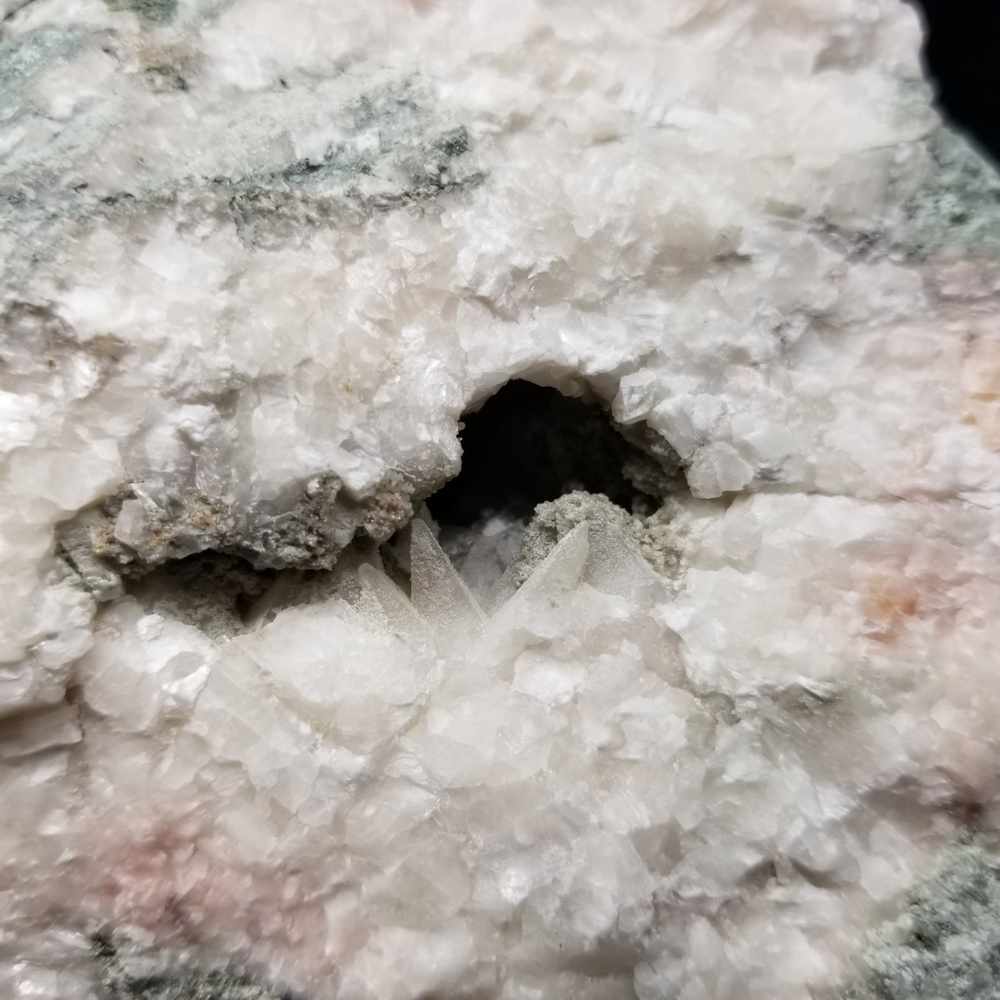 #11076 Clear Combined form Calcite phantom with Chalcopyrite inclusions with Dogtooth Spar Calcite