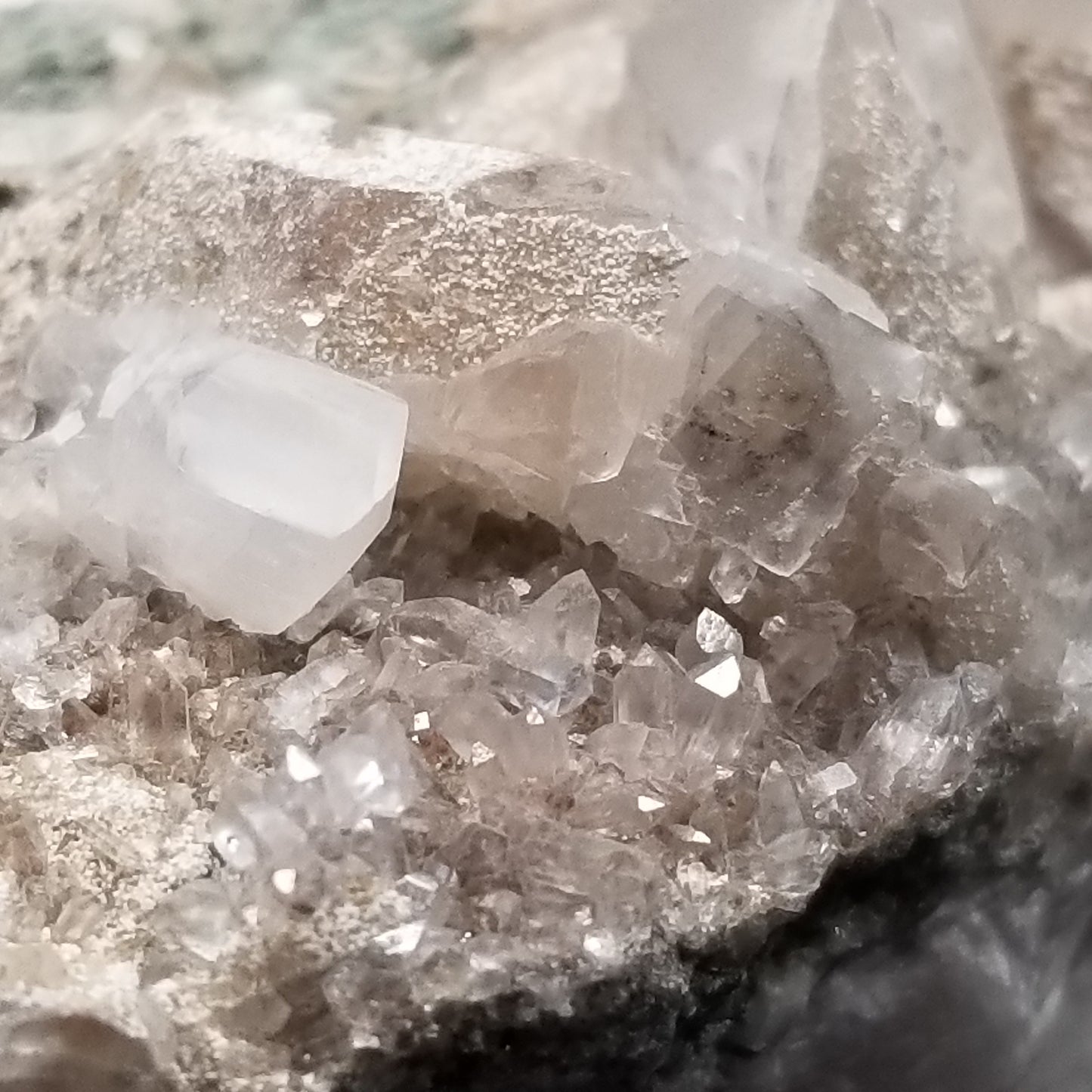 #11078 White Dolomite on Combined form Calcite and small Spirit Quartz formation on matrix