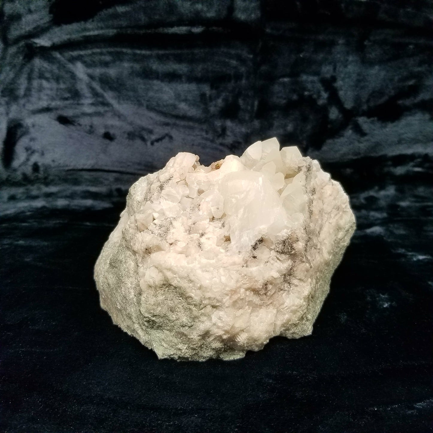 #11085 White Combined form Calcite with small Spirit Quartz on matrix