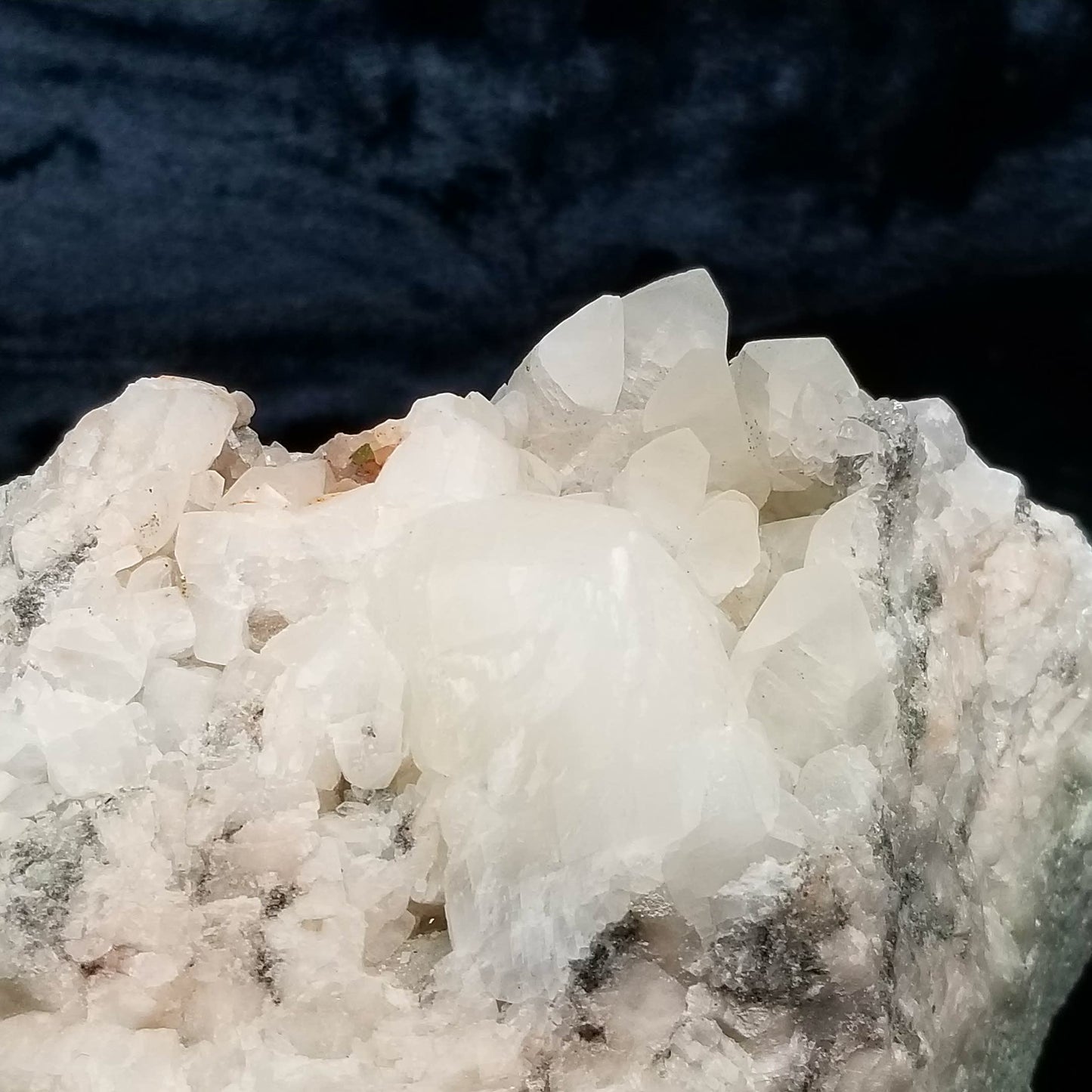 #11085 White Combined form Calcite with small Spirit Quartz on matrix