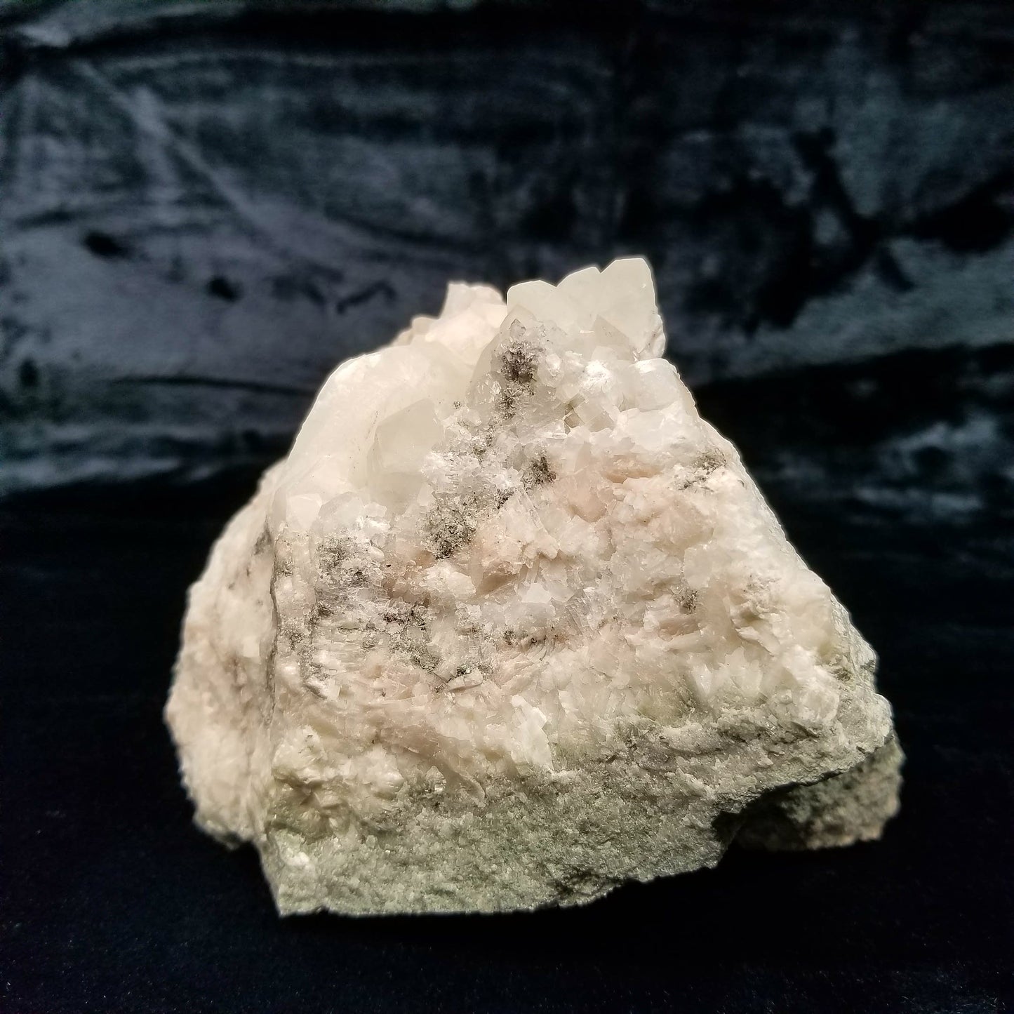 #11085 White Combined form Calcite with small Spirit Quartz on matrix
