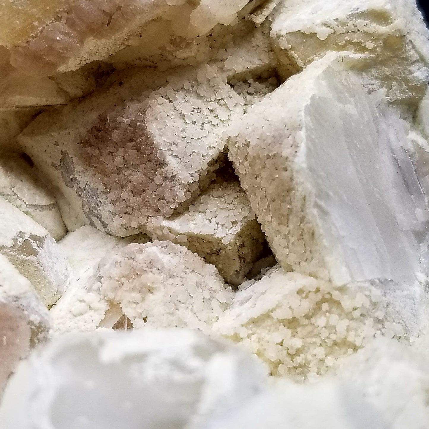 #11111 White Dolomite on Combined form Calcite cluster