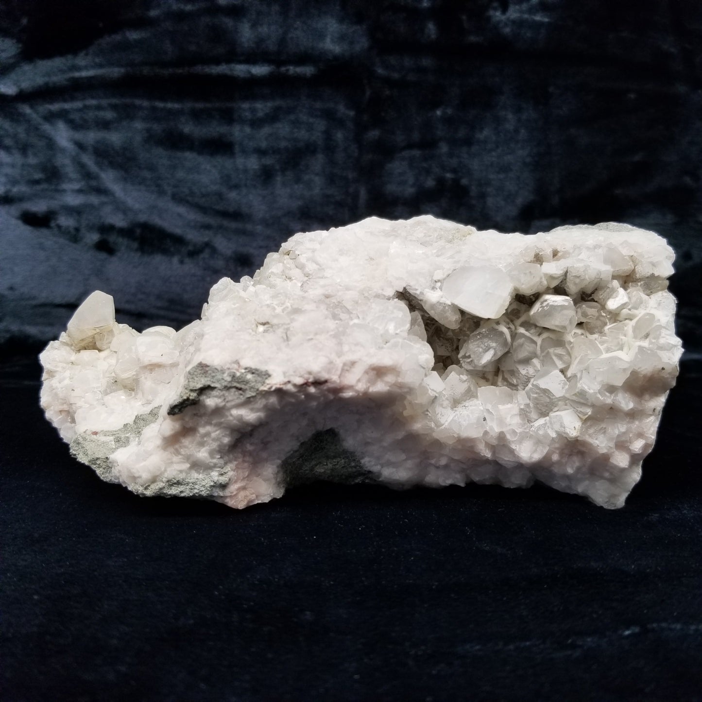 #11162 White Dolomite and Chalcopyrite on clear Combined form Calcite cluster