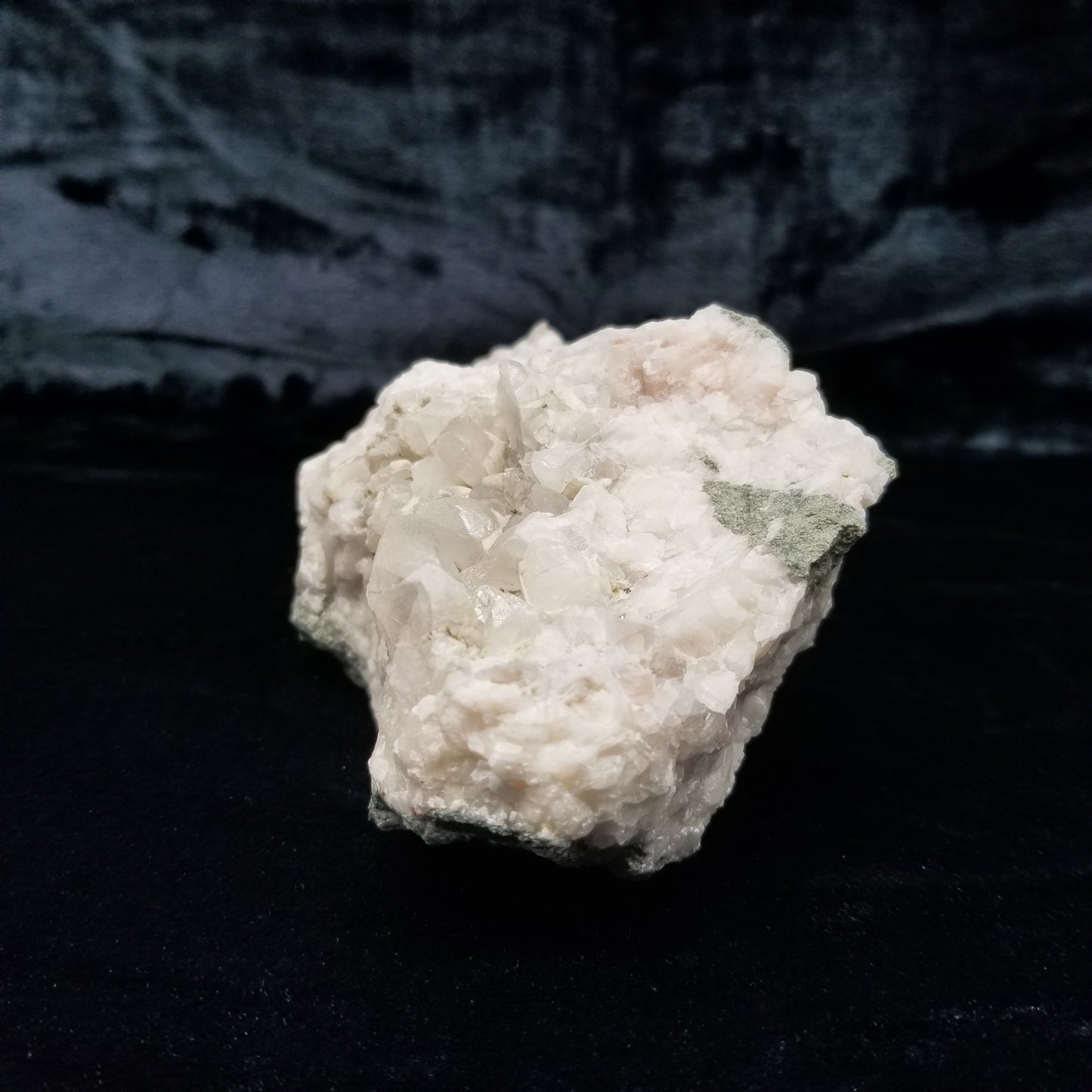 #11162 White Dolomite and Chalcopyrite on clear Combined form Calcite cluster