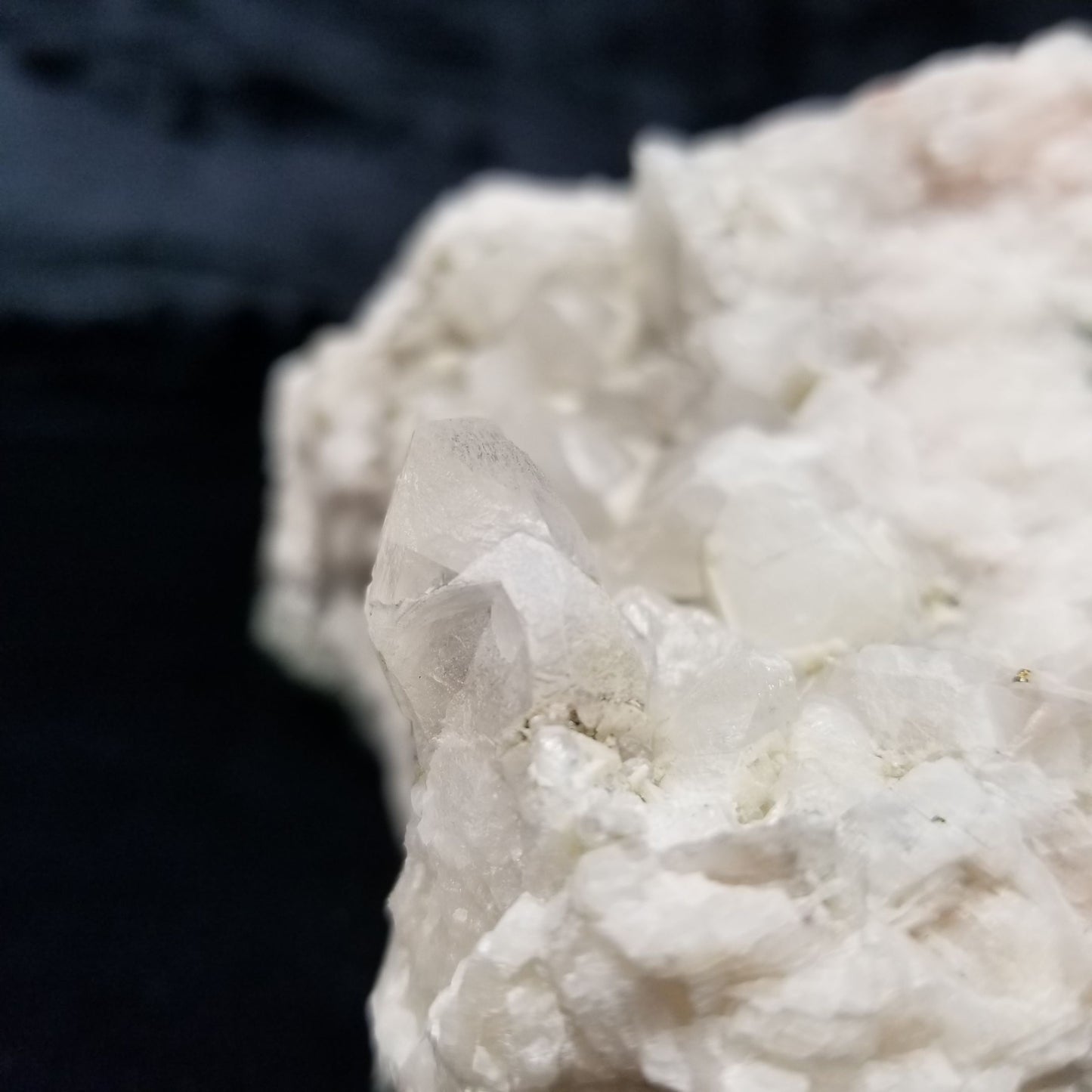 #11162 White Dolomite and Chalcopyrite on clear Combined form Calcite cluster