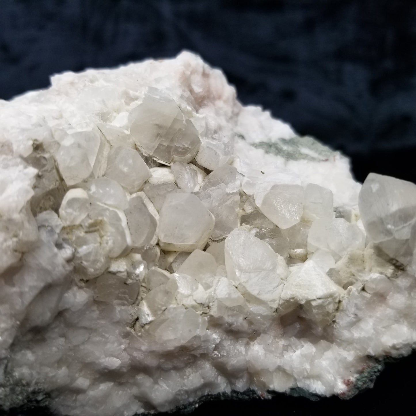 #11162 White Dolomite and Chalcopyrite on clear Combined form Calcite cluster