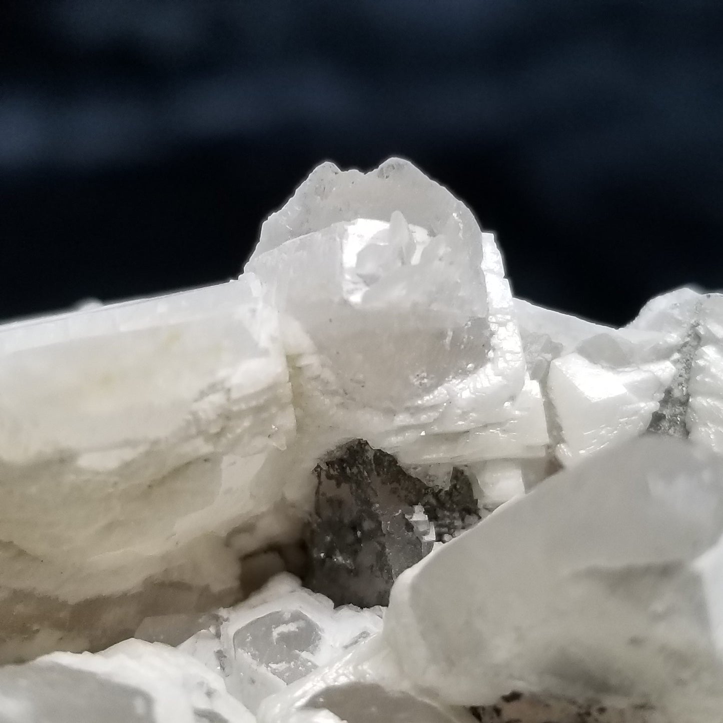 #11162 White Dolomite and Chalcopyrite on clear Combined form Calcite cluster