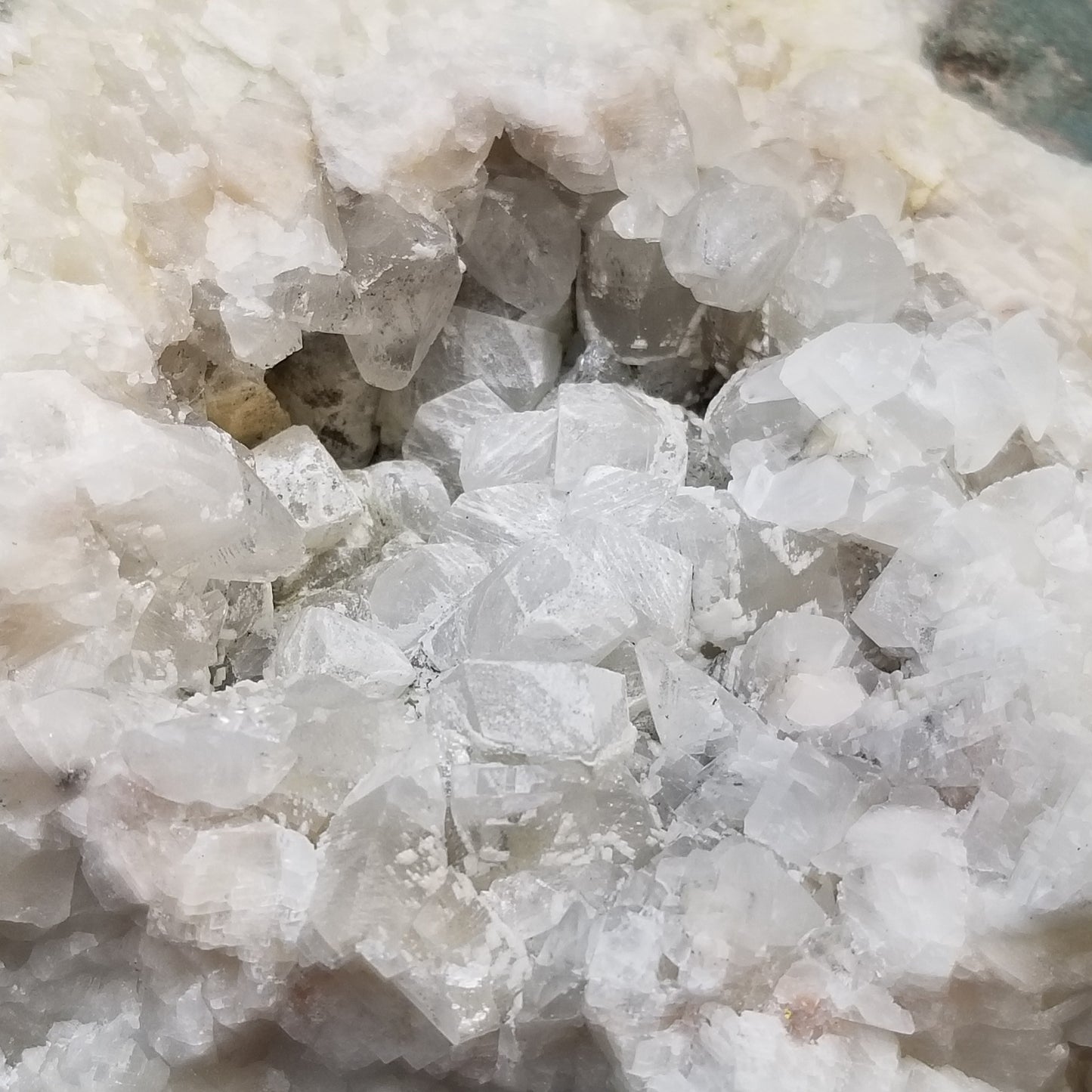 #11194 White Dolomite and Chalcopyrite on clear Combined form Calcite with Chalcopyrite inclusions