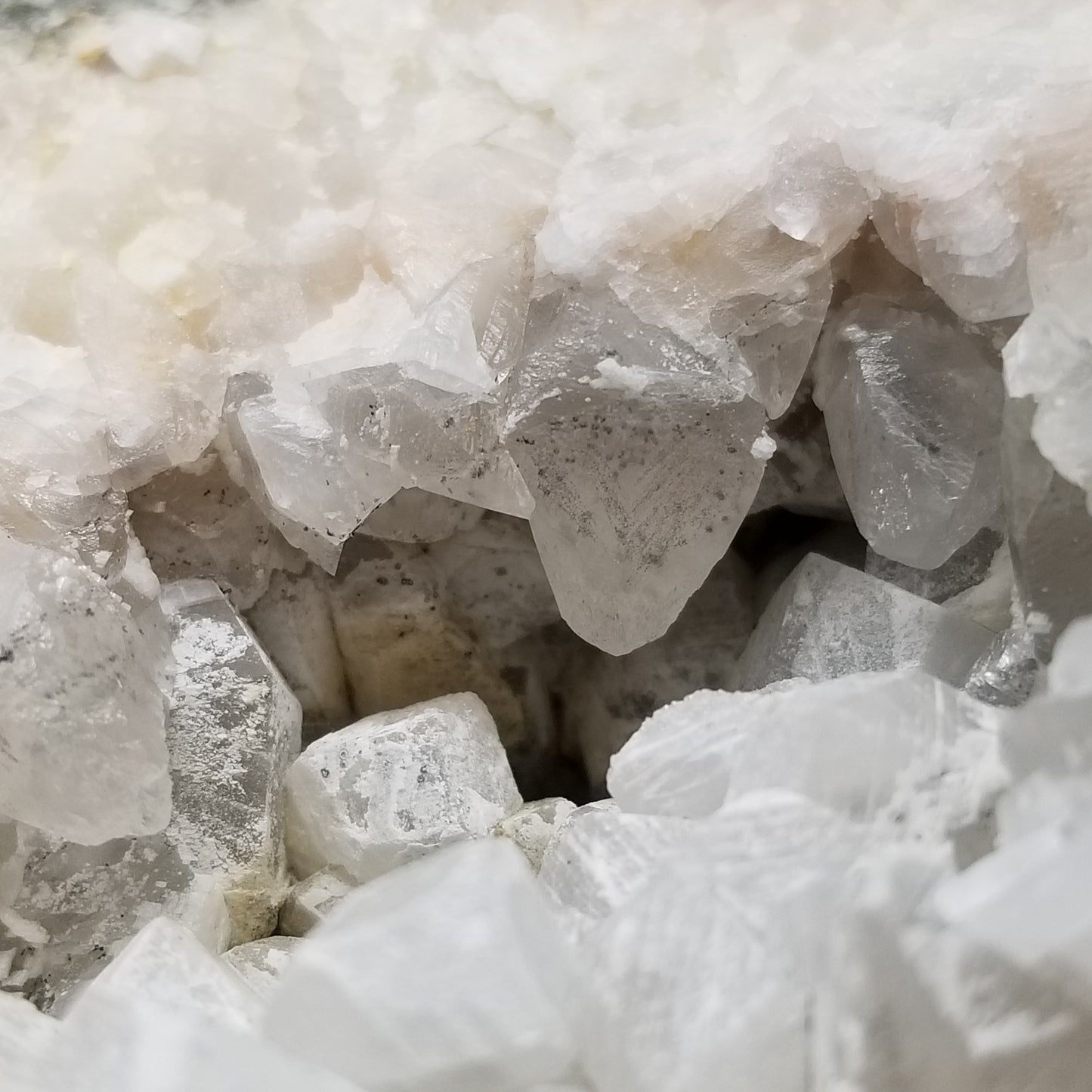 #11194 White Dolomite and Chalcopyrite on clear Combined form Calcite with Chalcopyrite inclusions