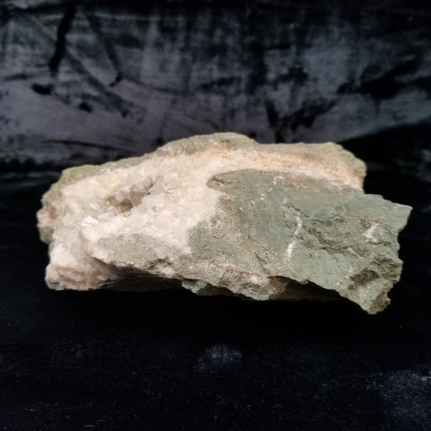 #11194 White Dolomite and Chalcopyrite on clear Combined form Calcite with Chalcopyrite inclusions