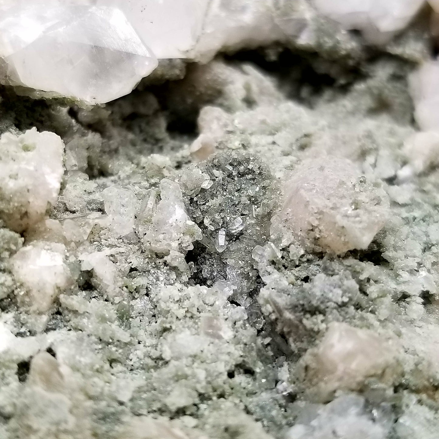 #11195 White and clear Dogtooth Spar Calcite formation with small Spirit Quartz formation on matrix