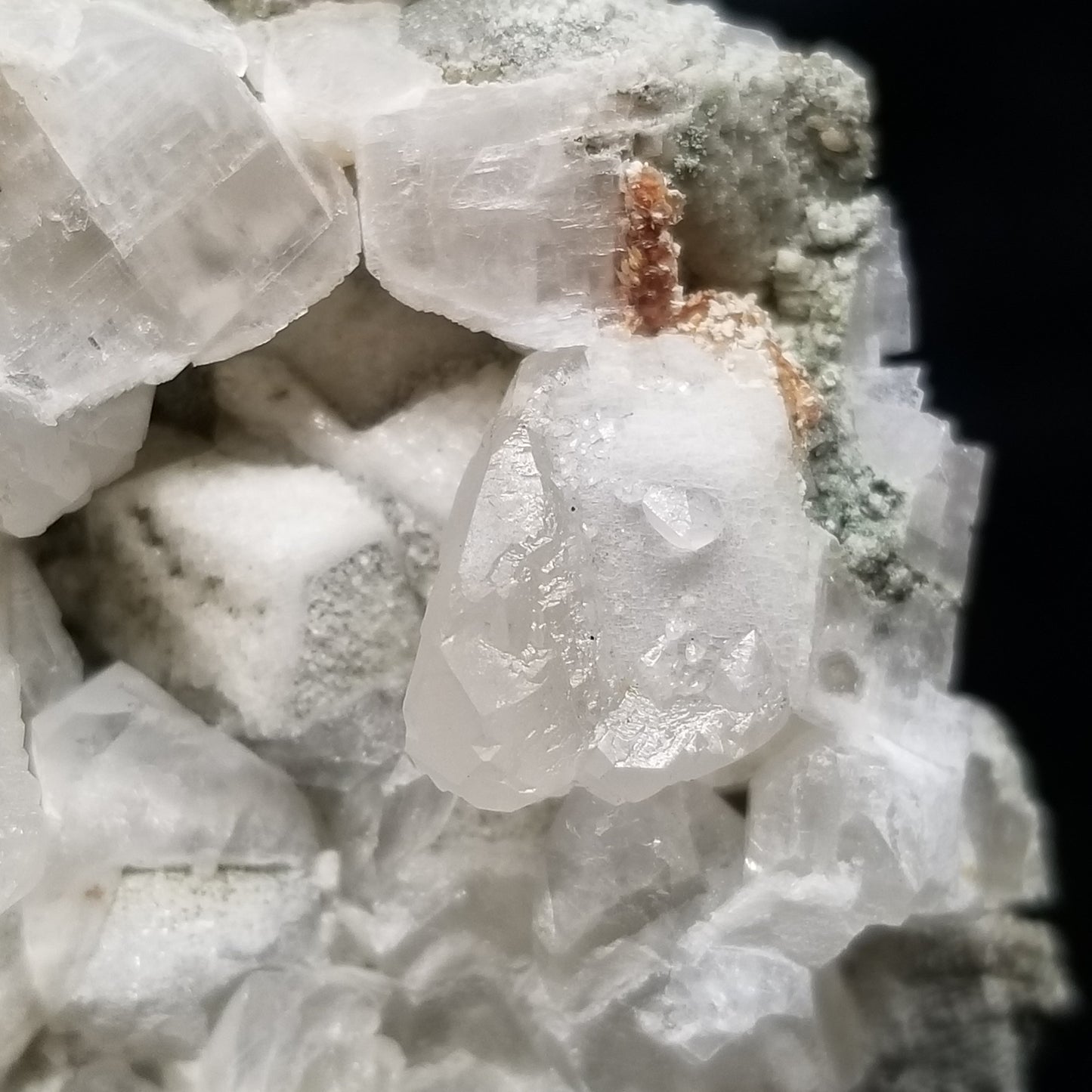 #11197 Small Calcite crystals on white Dolomite and Chalcopyrite on special Dogtooth Spar Calcite