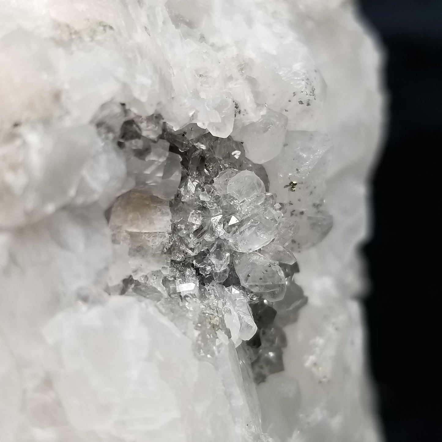 #11199 Chalcopyrite on small super clear Spirit Quartz with Chalcopyrite inclusions and white Combined form Calcite
