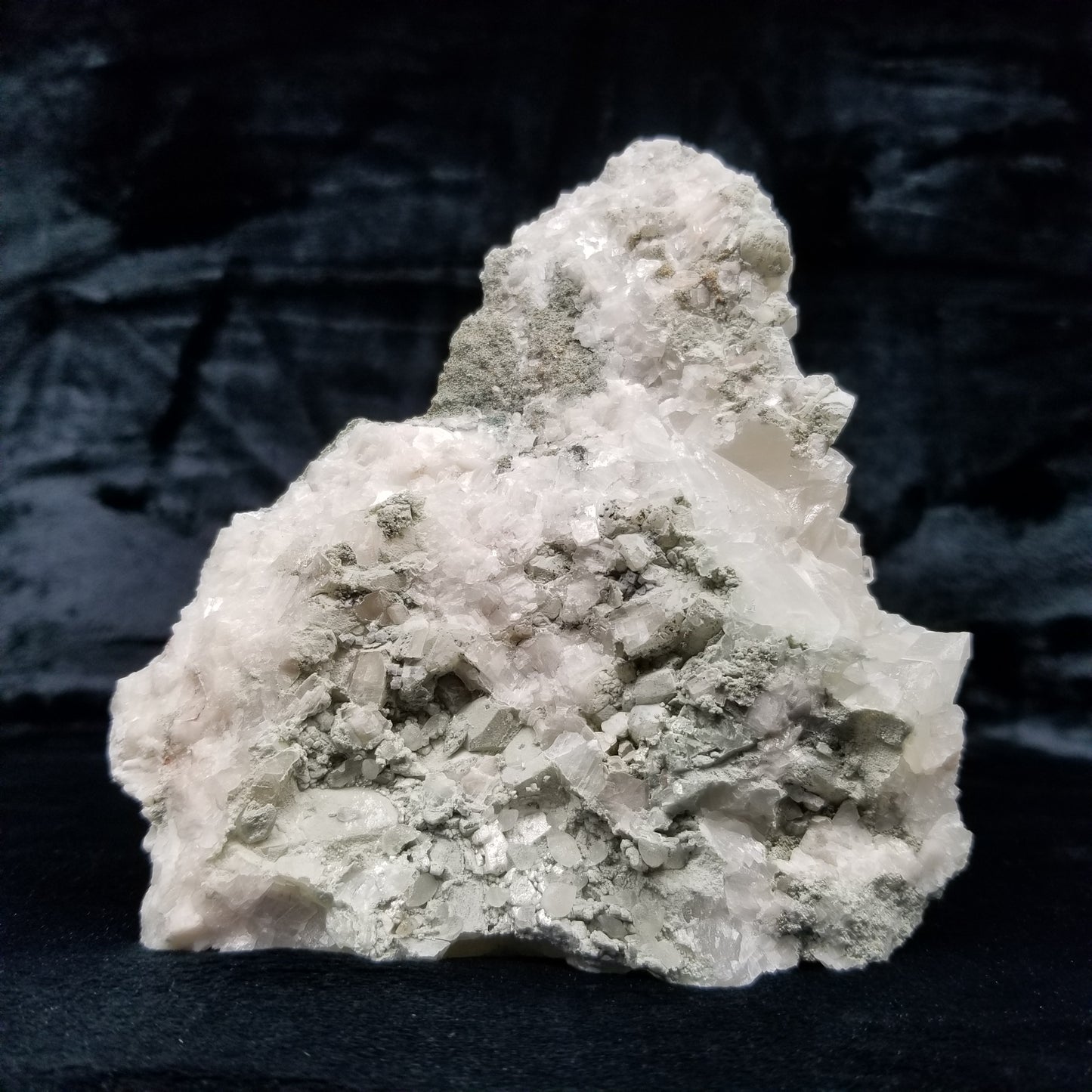 #11226 White Dolomite and green formation on white Calcite and clear Combined form Calcite