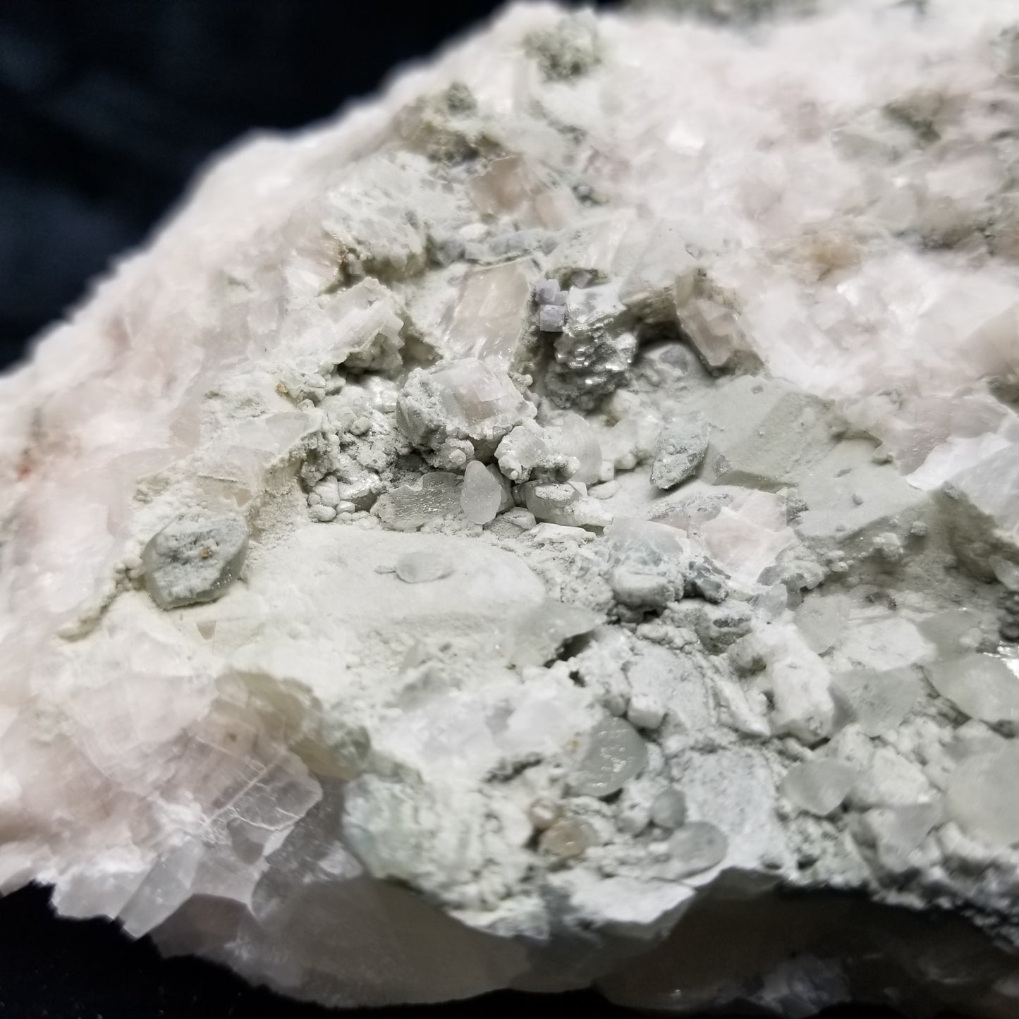 #11226 White Dolomite and green formation on white Calcite and clear Combined form Calcite