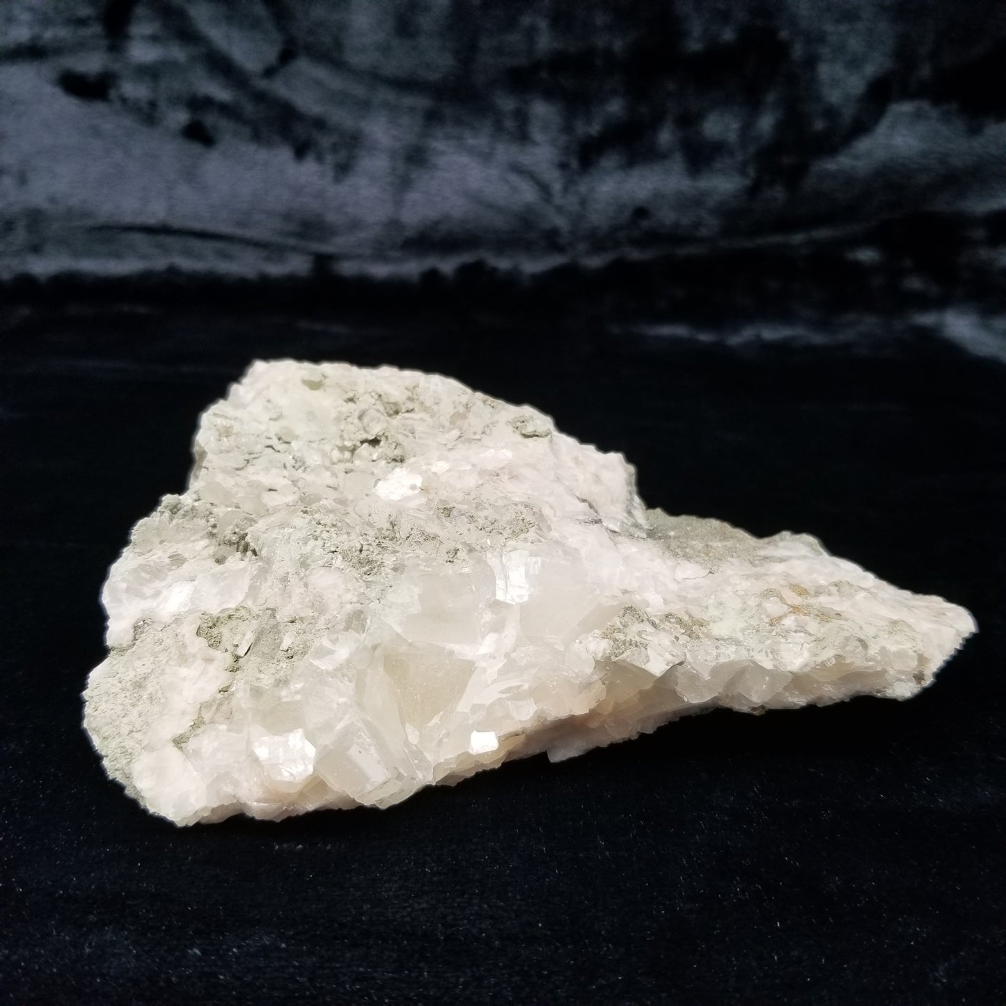 #11226 White Dolomite and green formation on white Calcite and clear Combined form Calcite