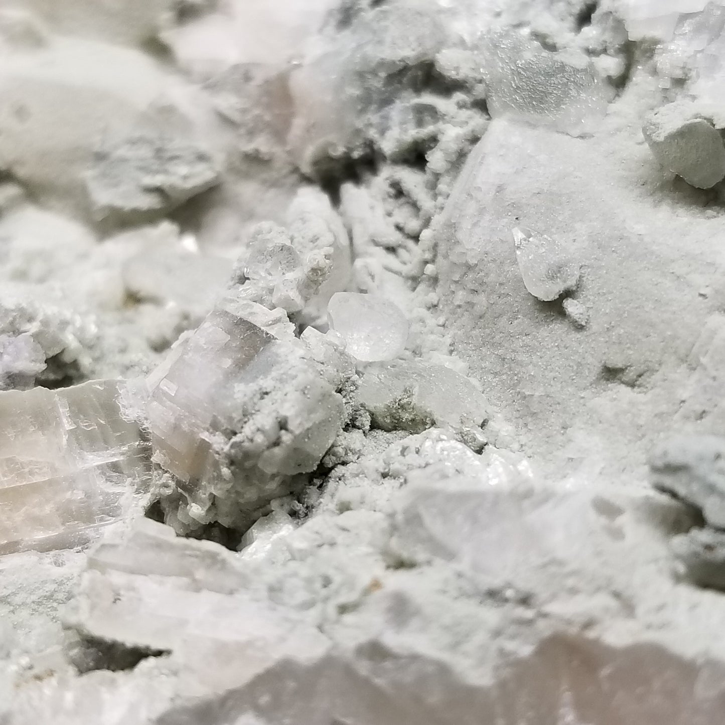 #11226 White Dolomite and green formation on white Calcite and clear Combined form Calcite