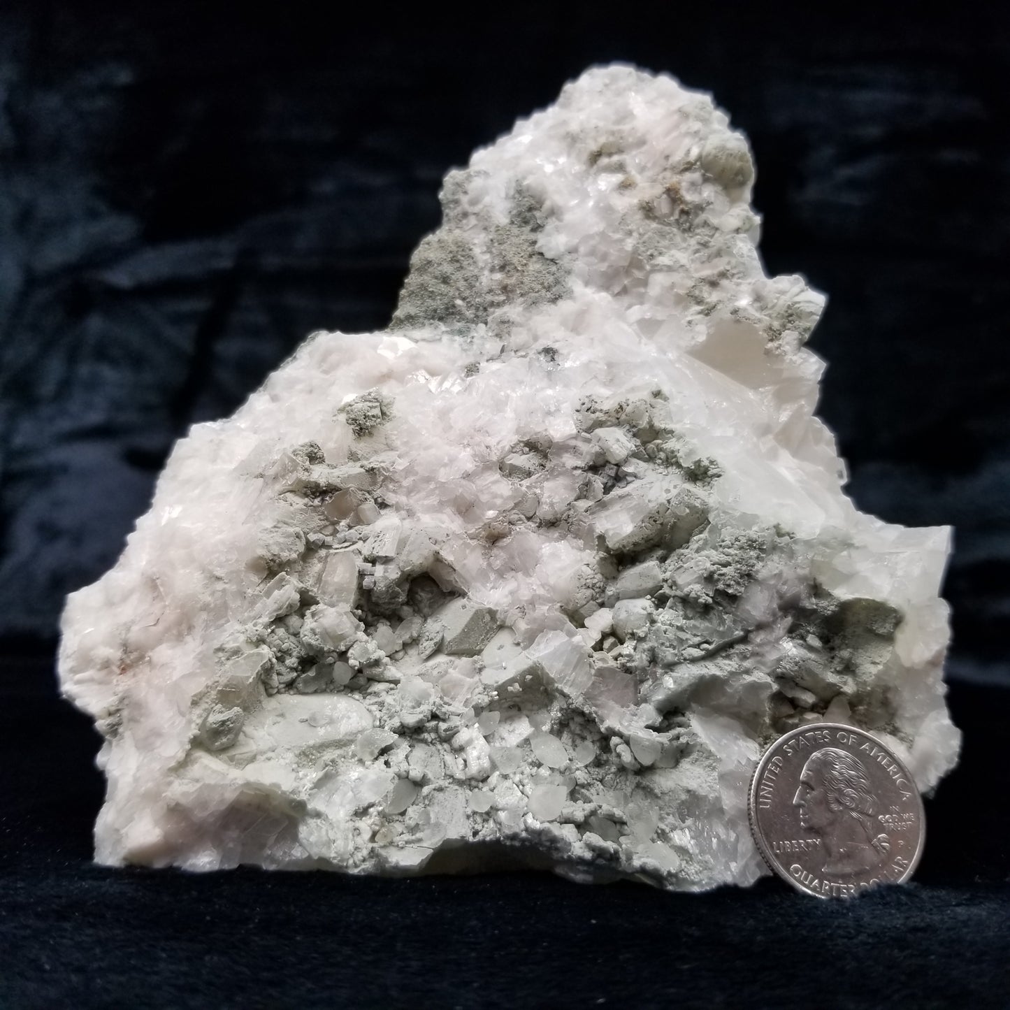 #11226 White Dolomite and green formation on white Calcite and clear Combined form Calcite