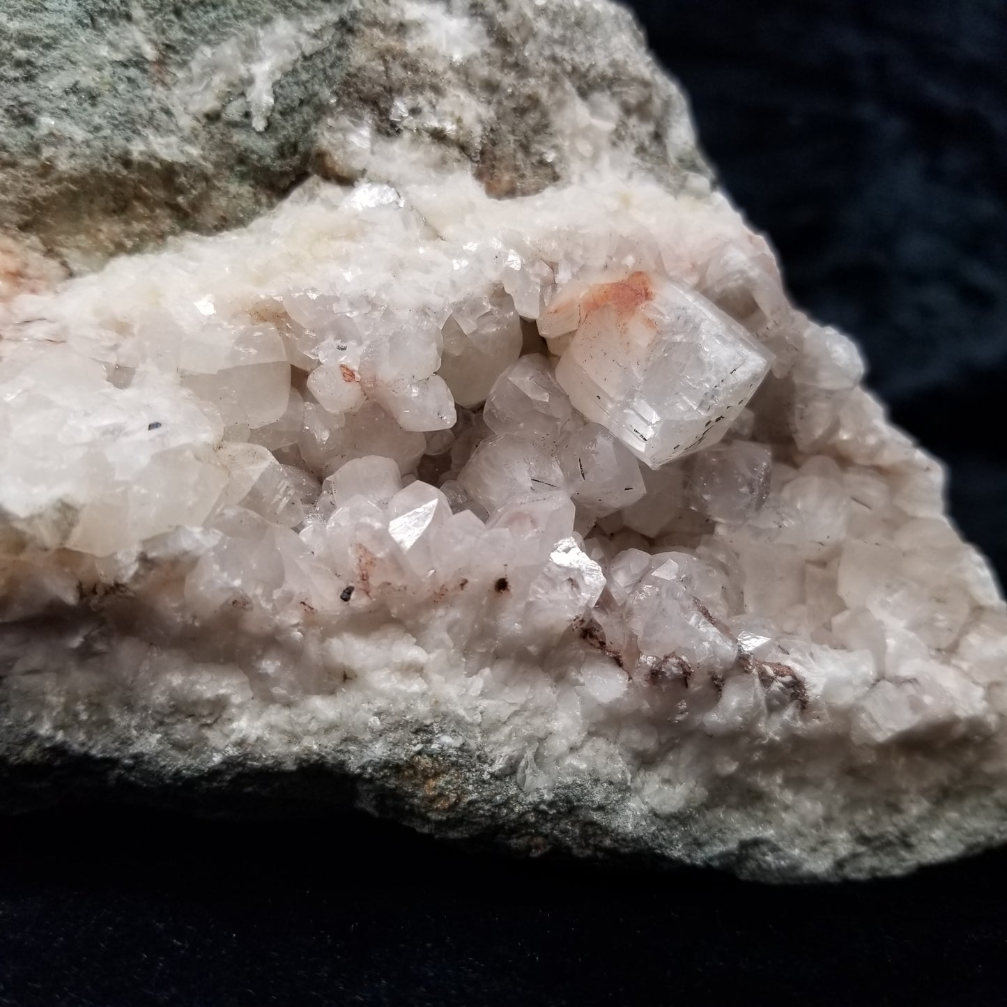 #11258 Chalcopyrite on clear Combined form Calcite cluster with phantom Hematite inclusions