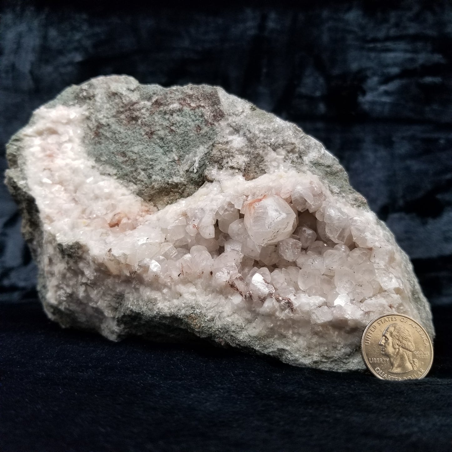 #11258 Chalcopyrite on clear Combined form Calcite cluster with phantom Hematite inclusions