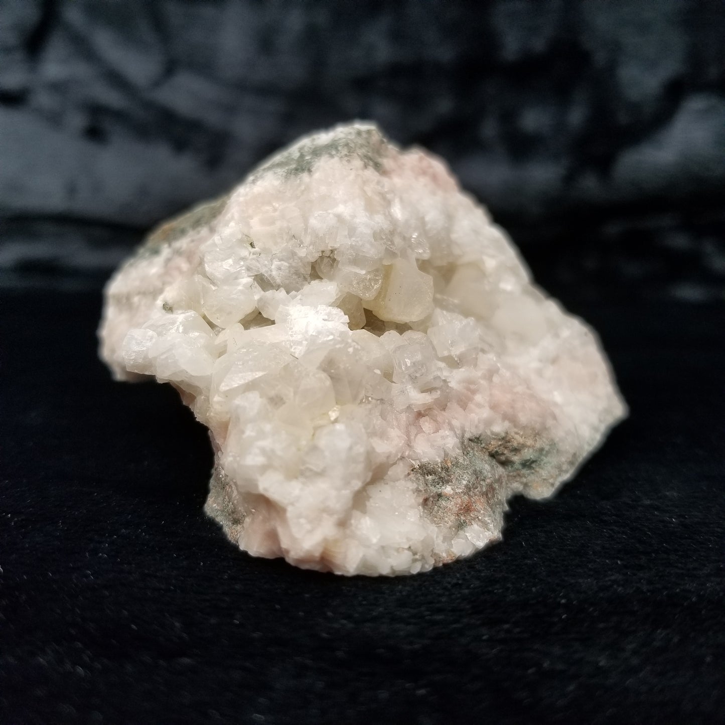 #11274 Chalcopyrite dust on clear Combined form Calcite cluster on matrix