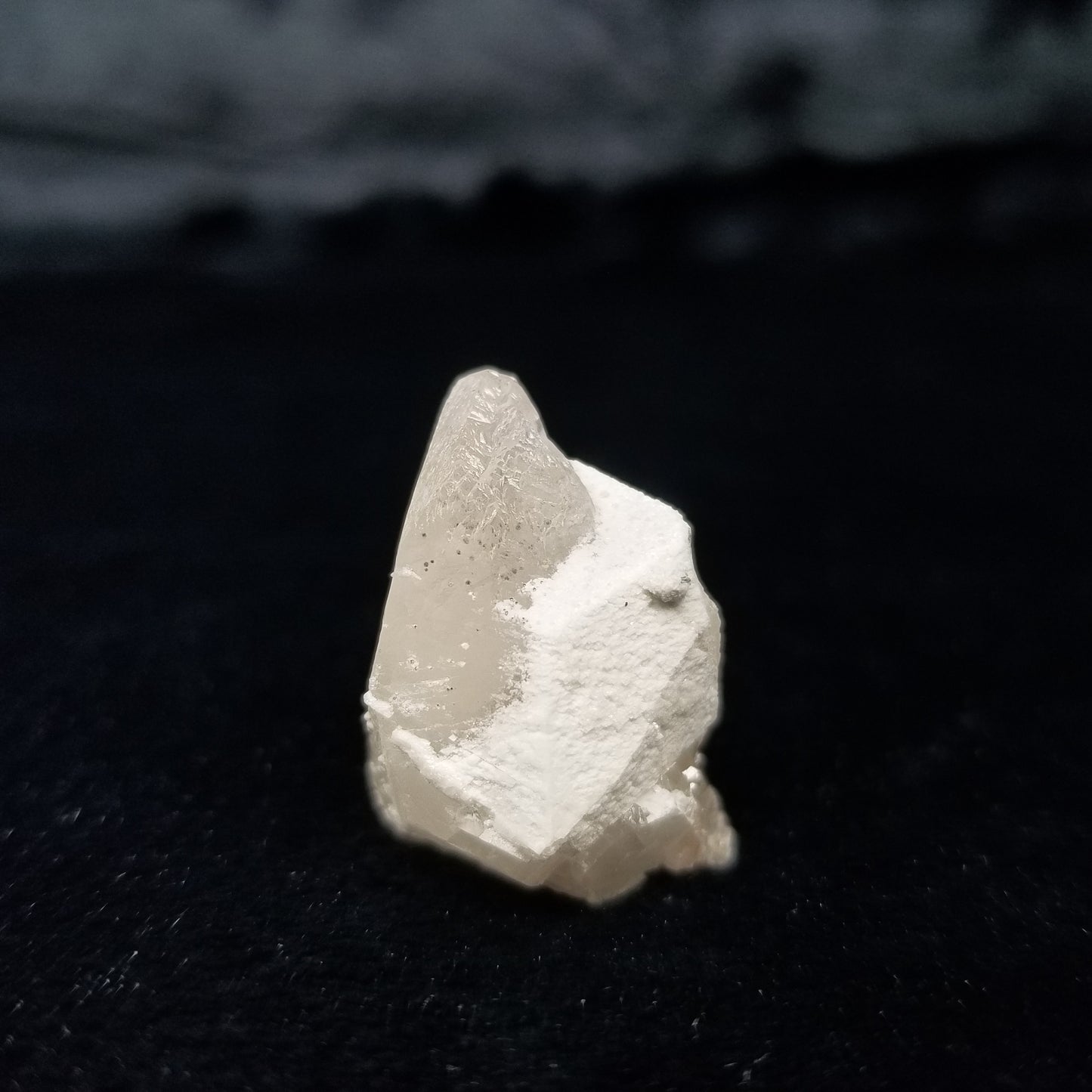 #11282 White Dolomite on clear Dogtooth Spar Calcite with Chalcopyrite inclusions