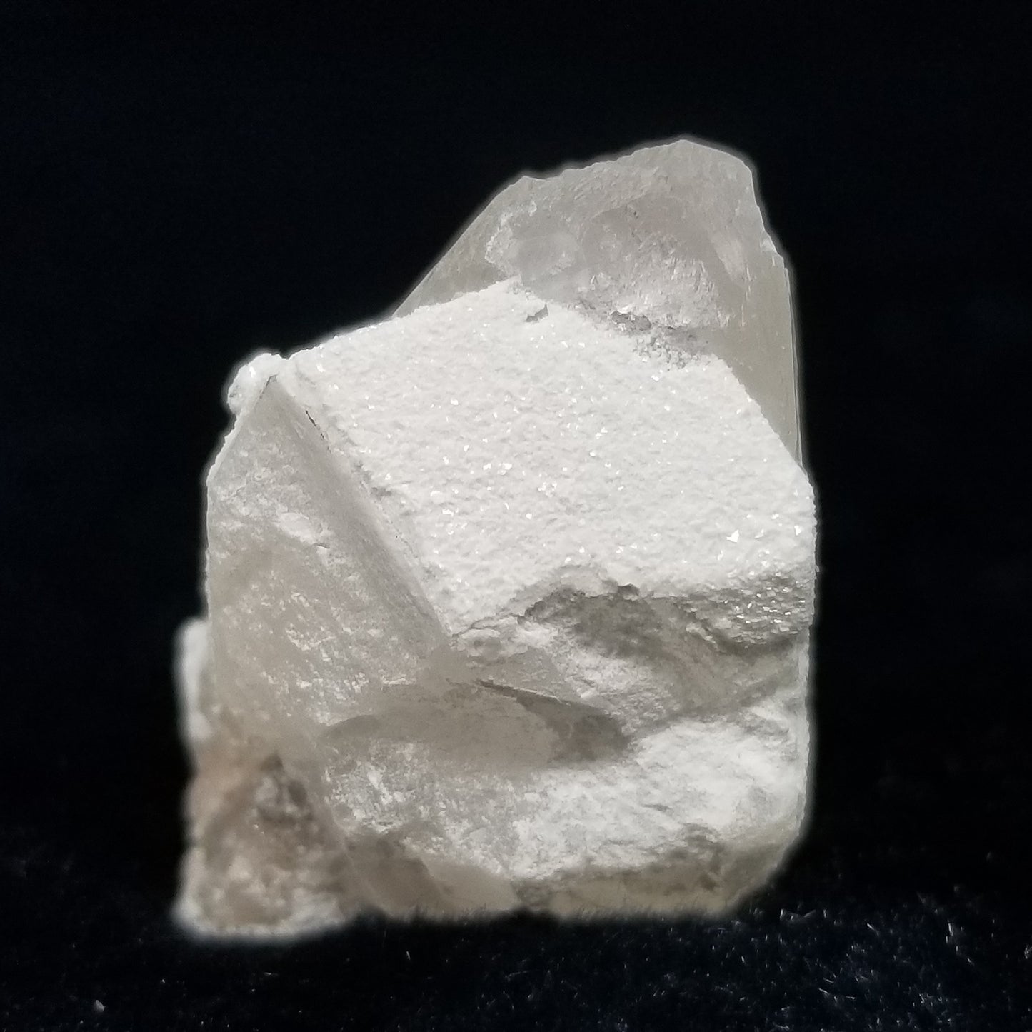 #11282 White Dolomite on clear Dogtooth Spar Calcite with Chalcopyrite inclusions