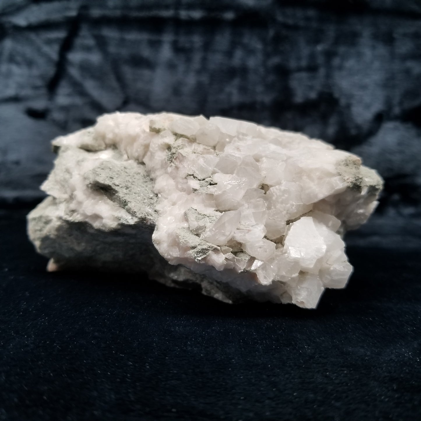 #11289 Green coating and white Dolomite on clear Combined form Calcite on matrix