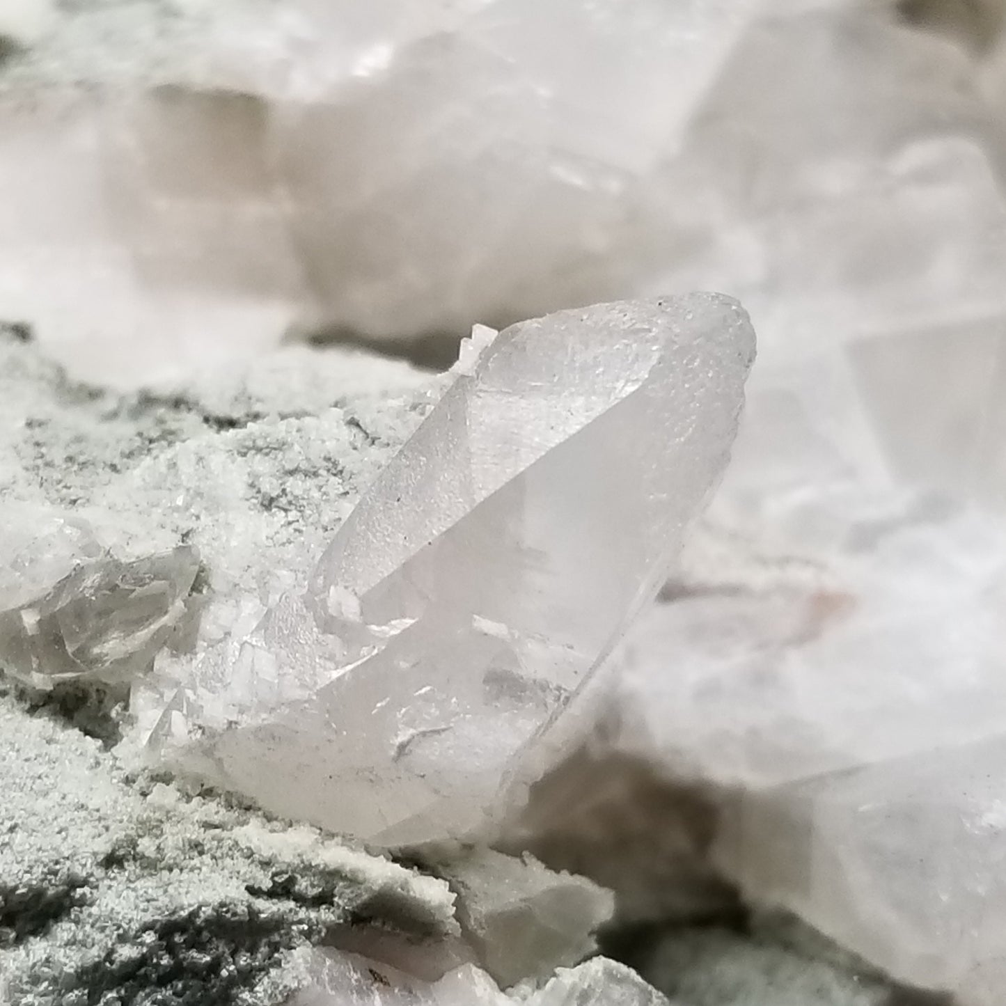 #11289 Green coating and white Dolomite on clear Combined form Calcite on matrix