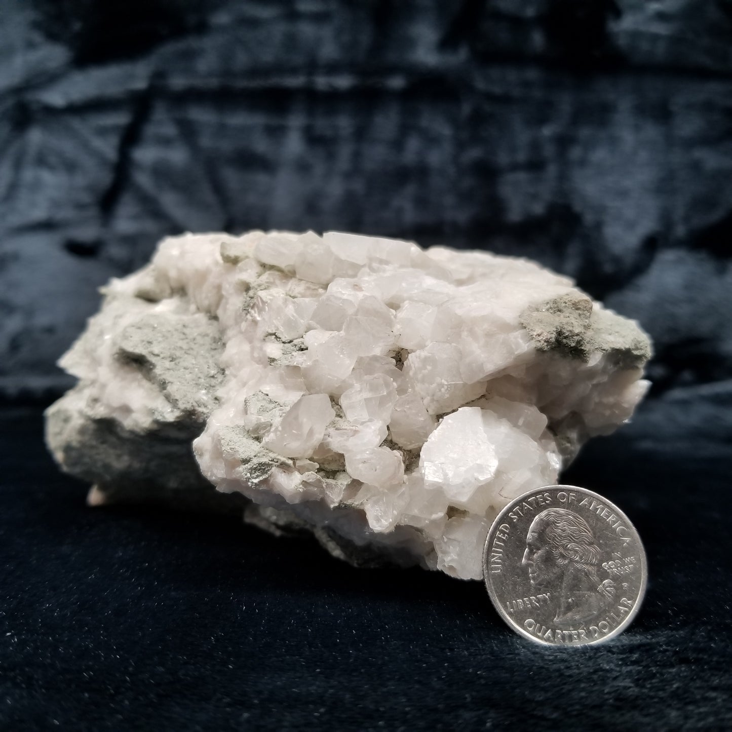 #11289 Green coating and white Dolomite on clear Combined form Calcite on matrix