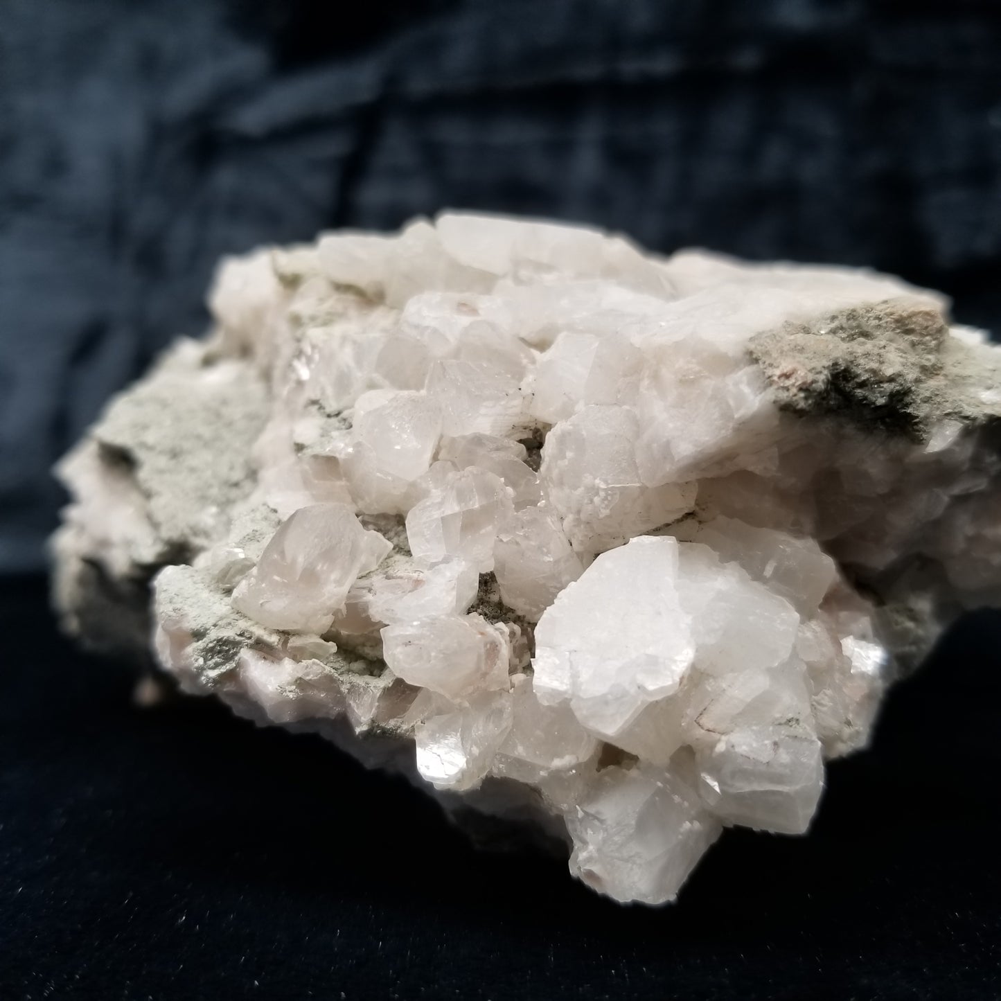 #11289 Green coating and white Dolomite on clear Combined form Calcite on matrix