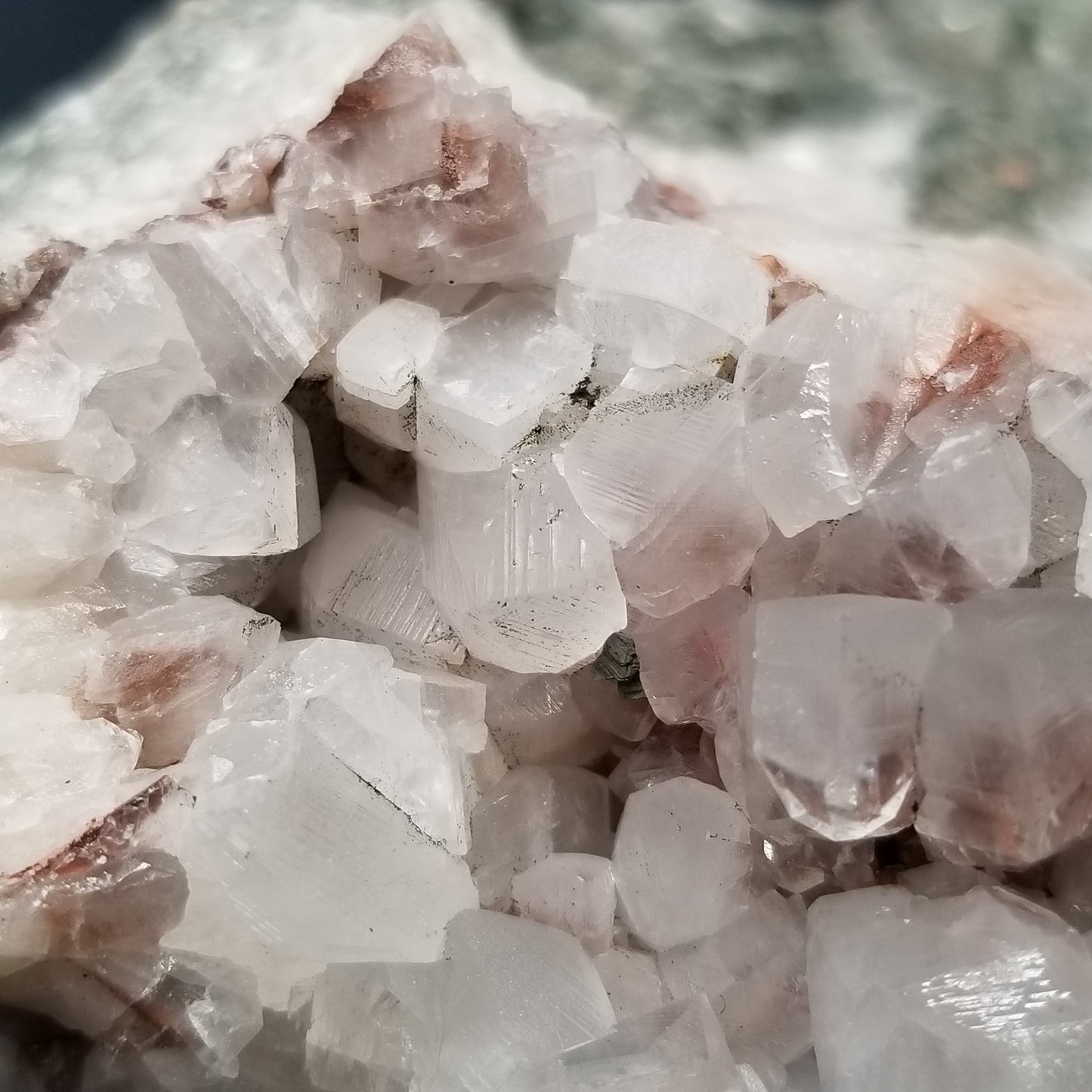 #11290 Clear Combined form Calcite cluster with phantom Hematite inclusions on matrix