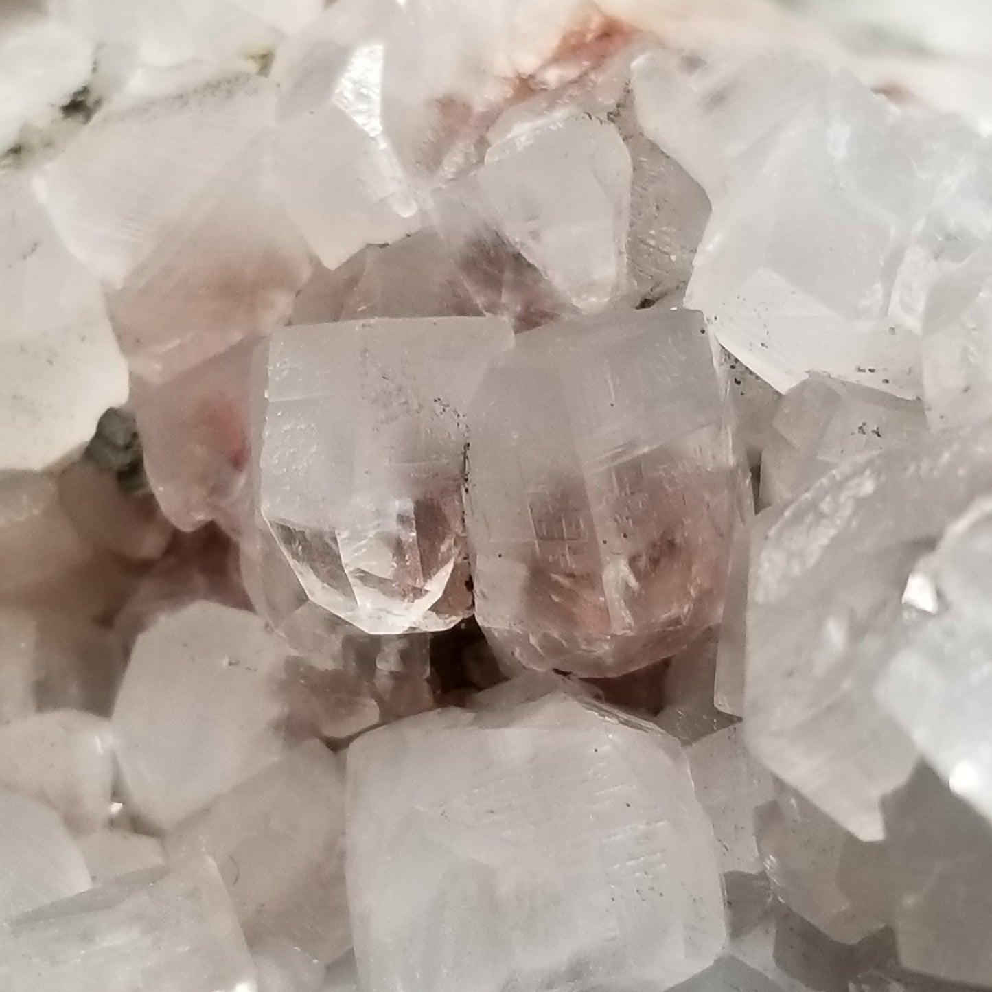 #11290 Clear Combined form Calcite cluster with phantom Hematite inclusions on matrix