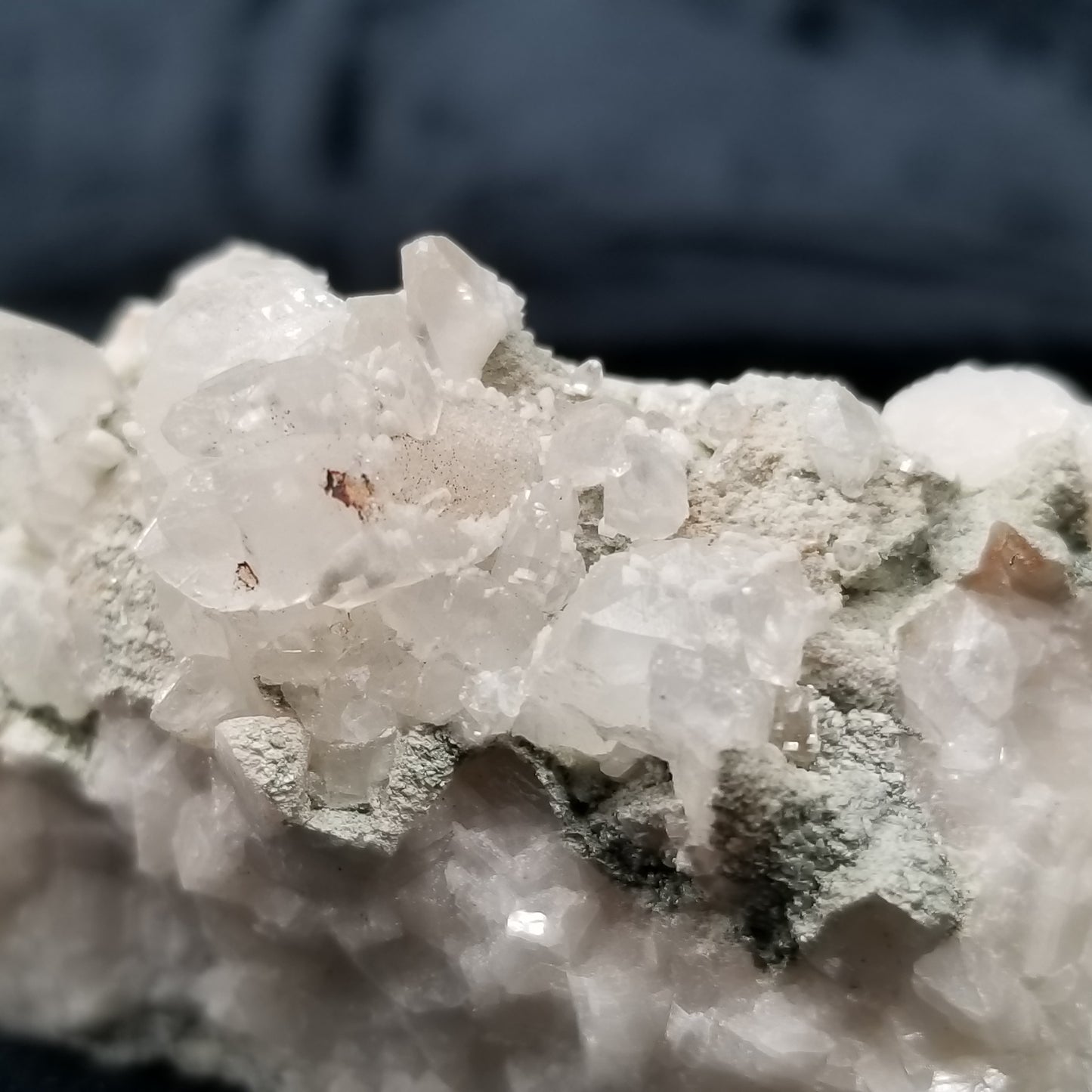 #11291 Green coating and white Dolomite on clear Dogtooth Spar Calcite cluster on matrix