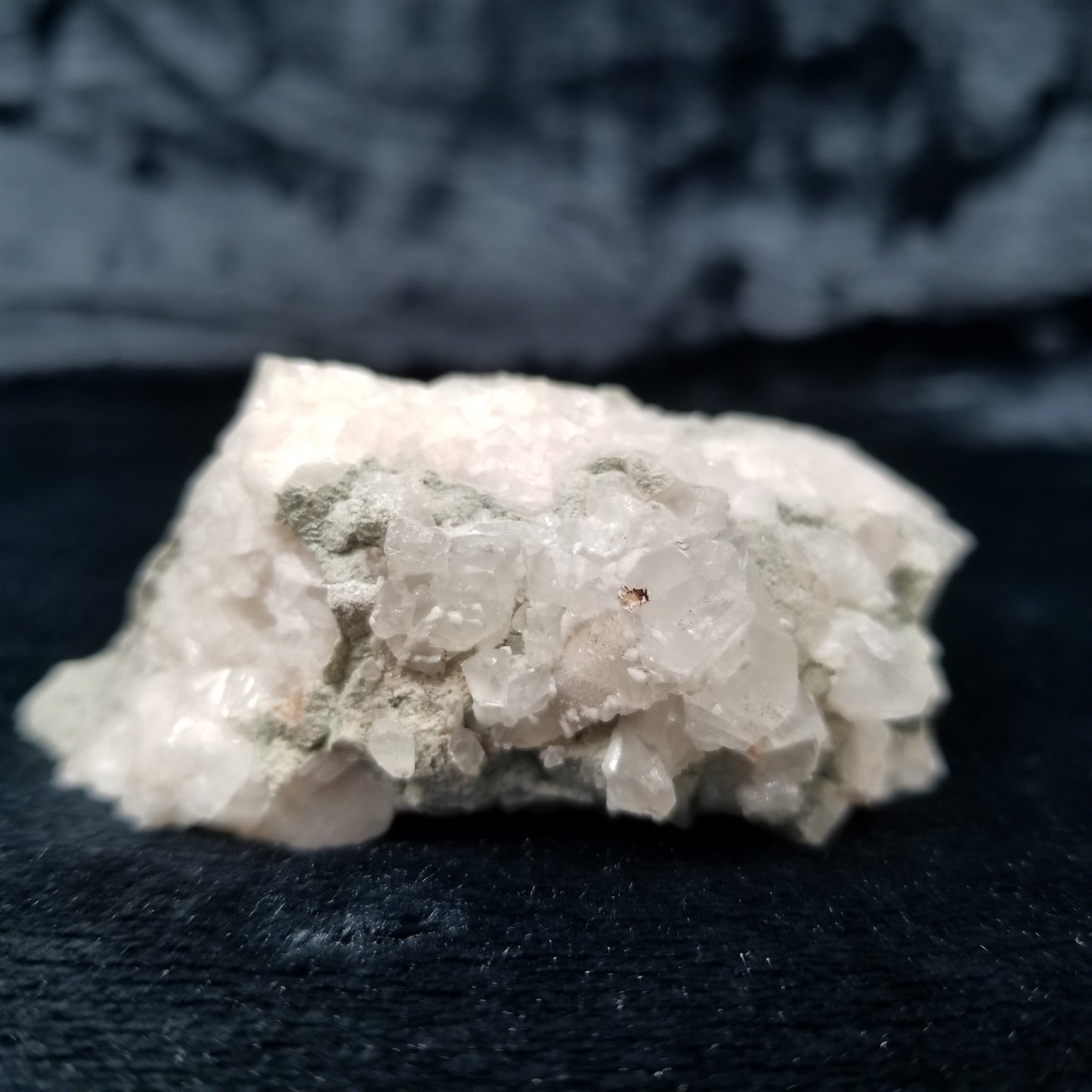 #11291 Green coating and white Dolomite on clear Dogtooth Spar Calcite cluster on matrix