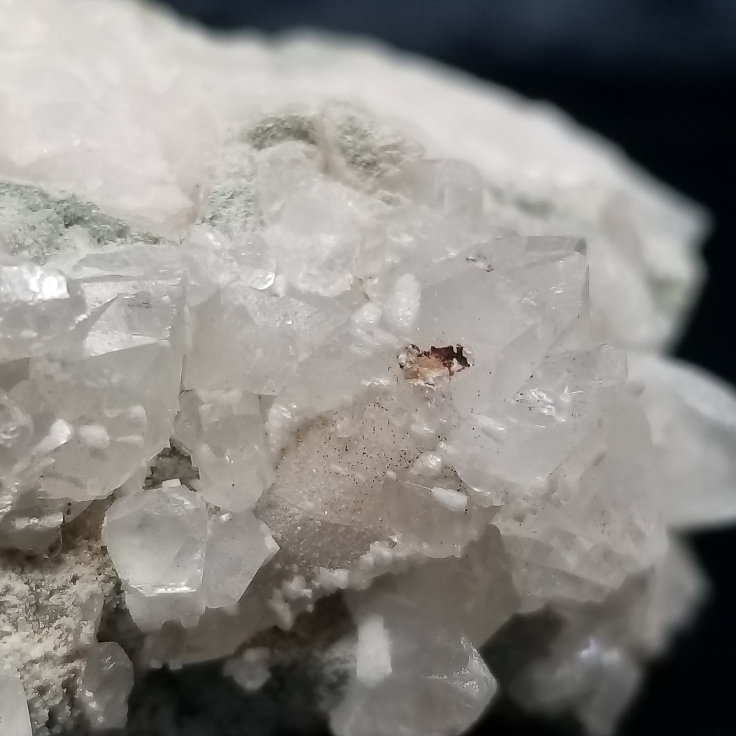 #11291 Green coating and white Dolomite on clear Dogtooth Spar Calcite cluster on matrix