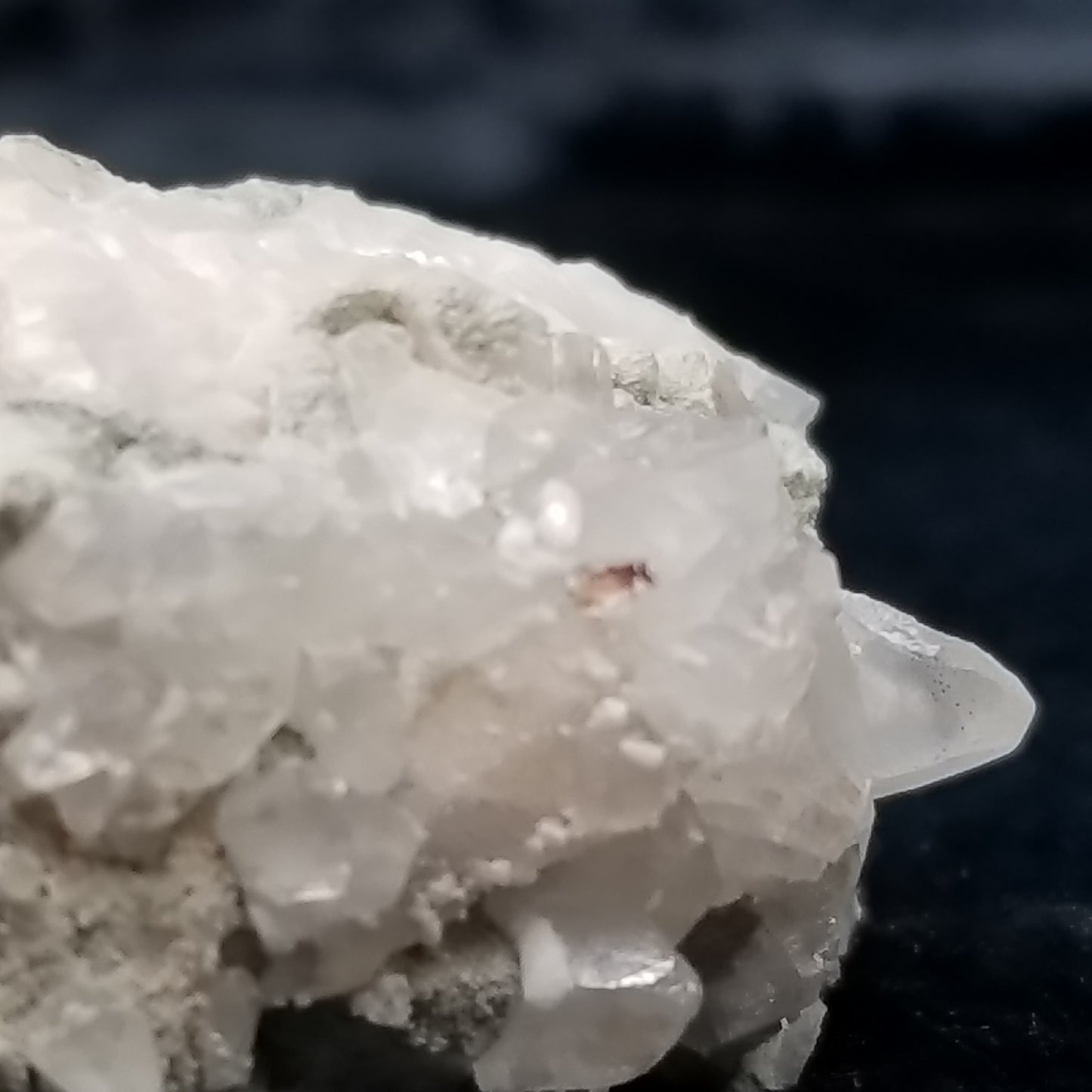 #11291 Green coating and white Dolomite on clear Dogtooth Spar Calcite cluster on matrix