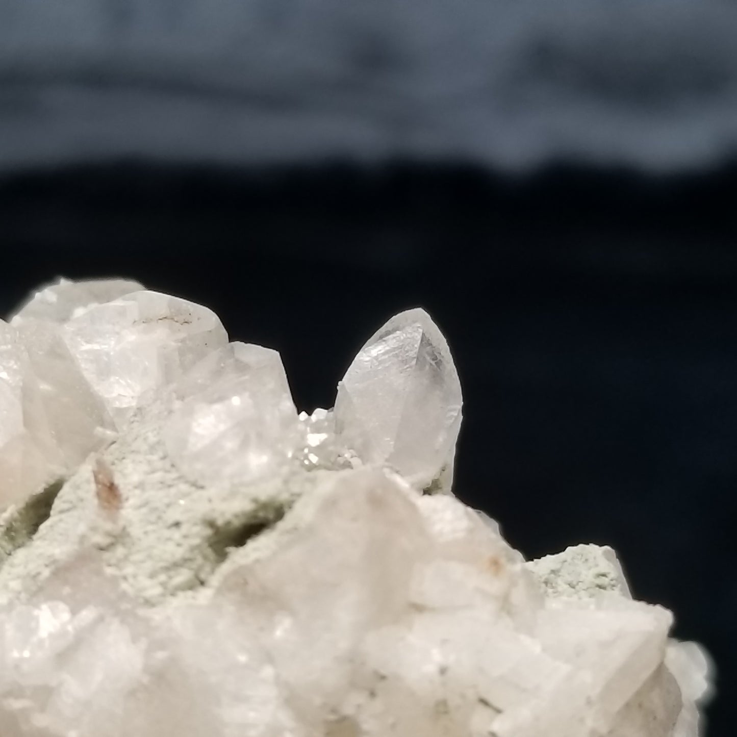 #11291 Green coating and white Dolomite on clear Dogtooth Spar Calcite cluster on matrix