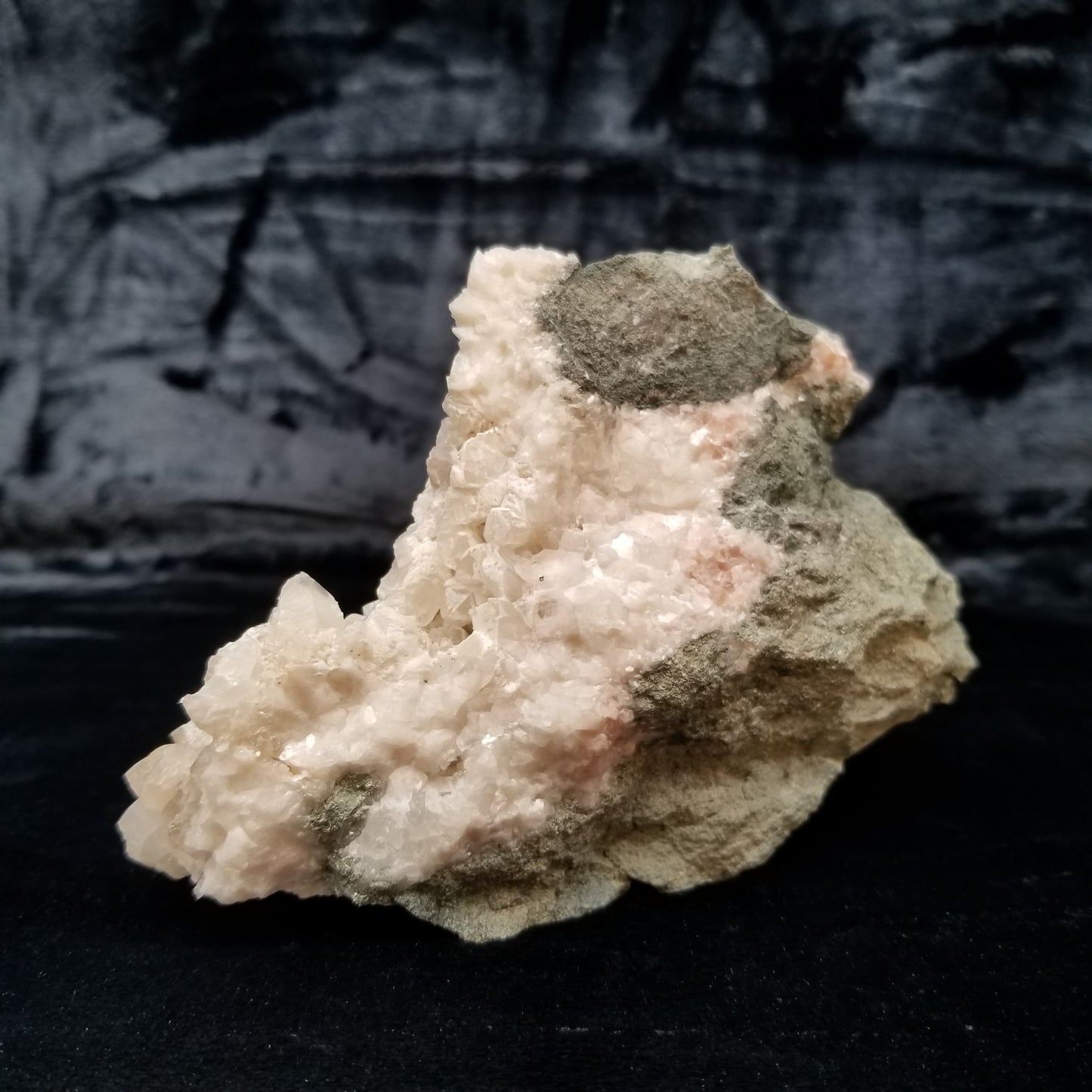 #11300 White Dolomite and Chalcopyrite on clear Dogtooth Spar Calcite cluster on pink and white Calcite on matrix
