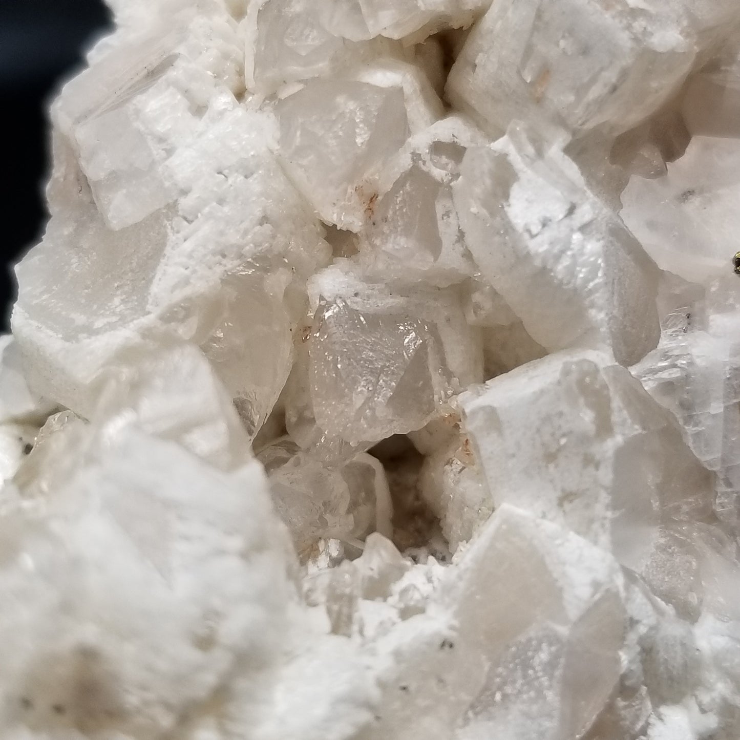 #11300 White Dolomite and Chalcopyrite on clear Dogtooth Spar Calcite cluster on pink and white Calcite on matrix
